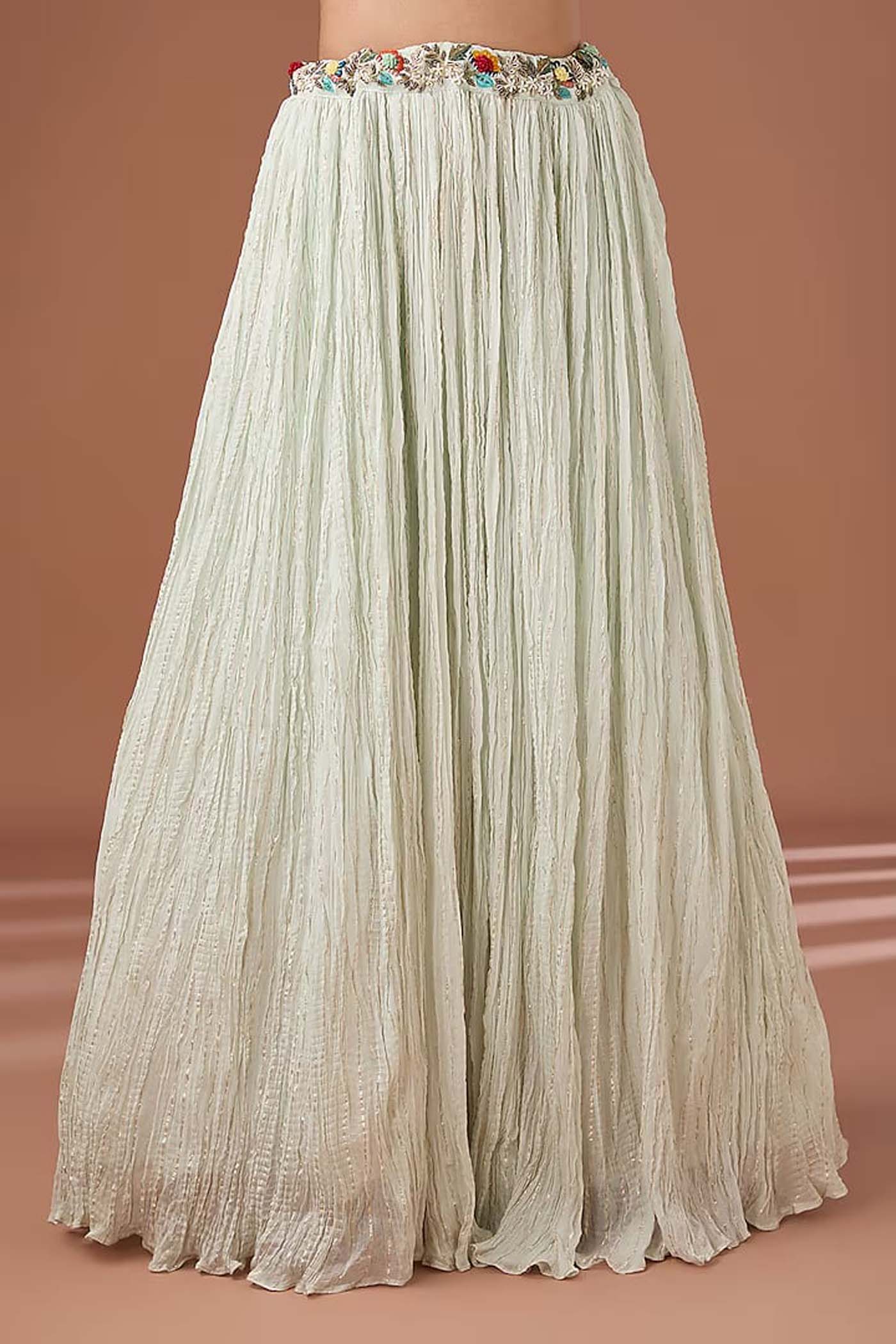 Ice-Blue Crop-Top with Ruched Lehenga and Organza Dupatta