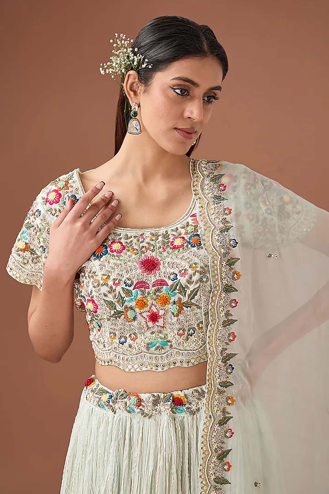 Ice-Blue Crop-Top with Ruched Lehenga and Organza Dupatta