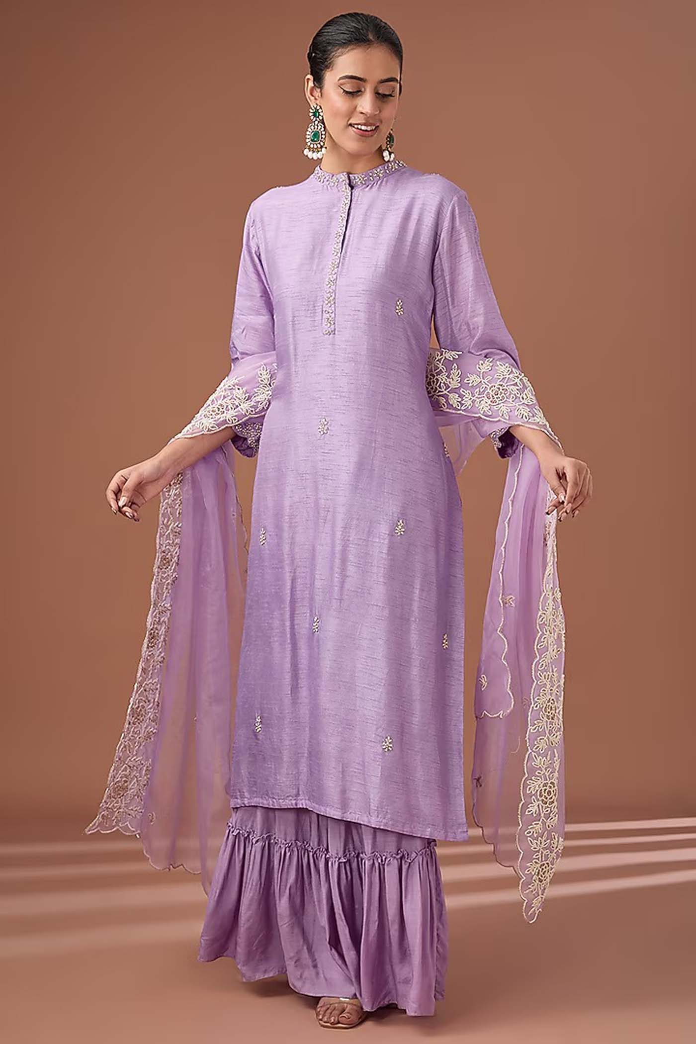 Purple Straight Suit with Pants and Organza Dupatta