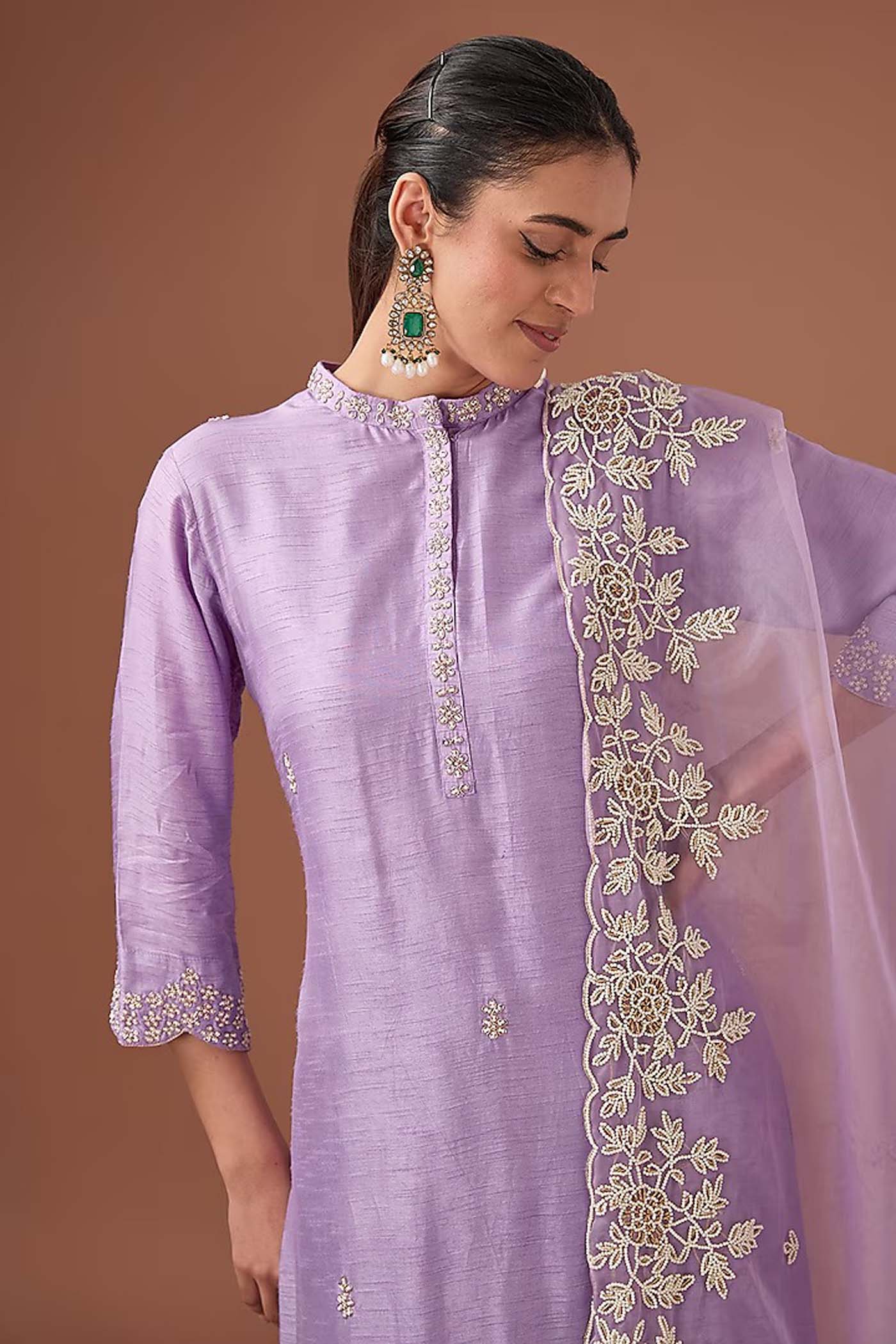 Purple Straight Suit with Pants and Organza Dupatta
