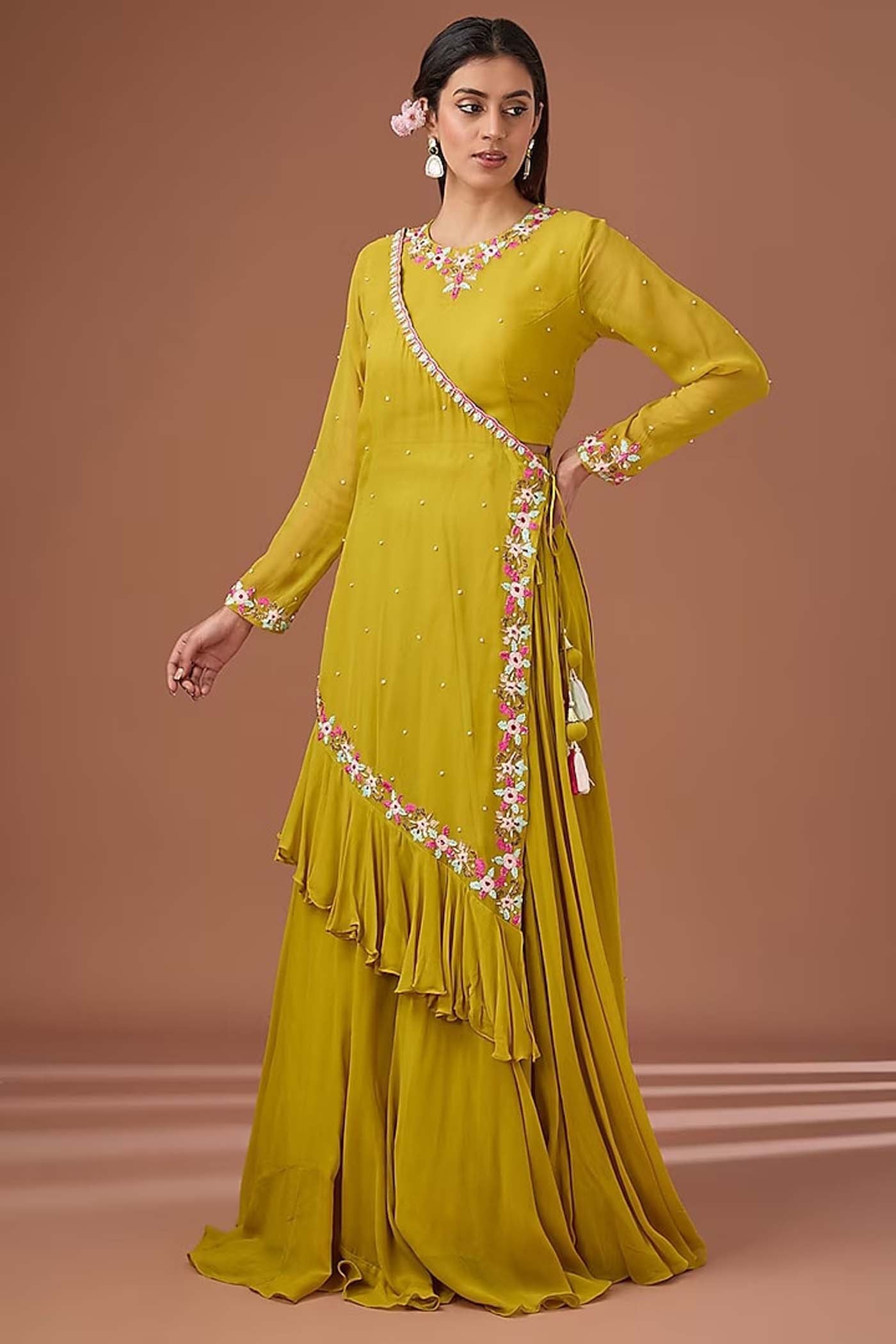 Mustard Yellow Embroidered draped lehenga set