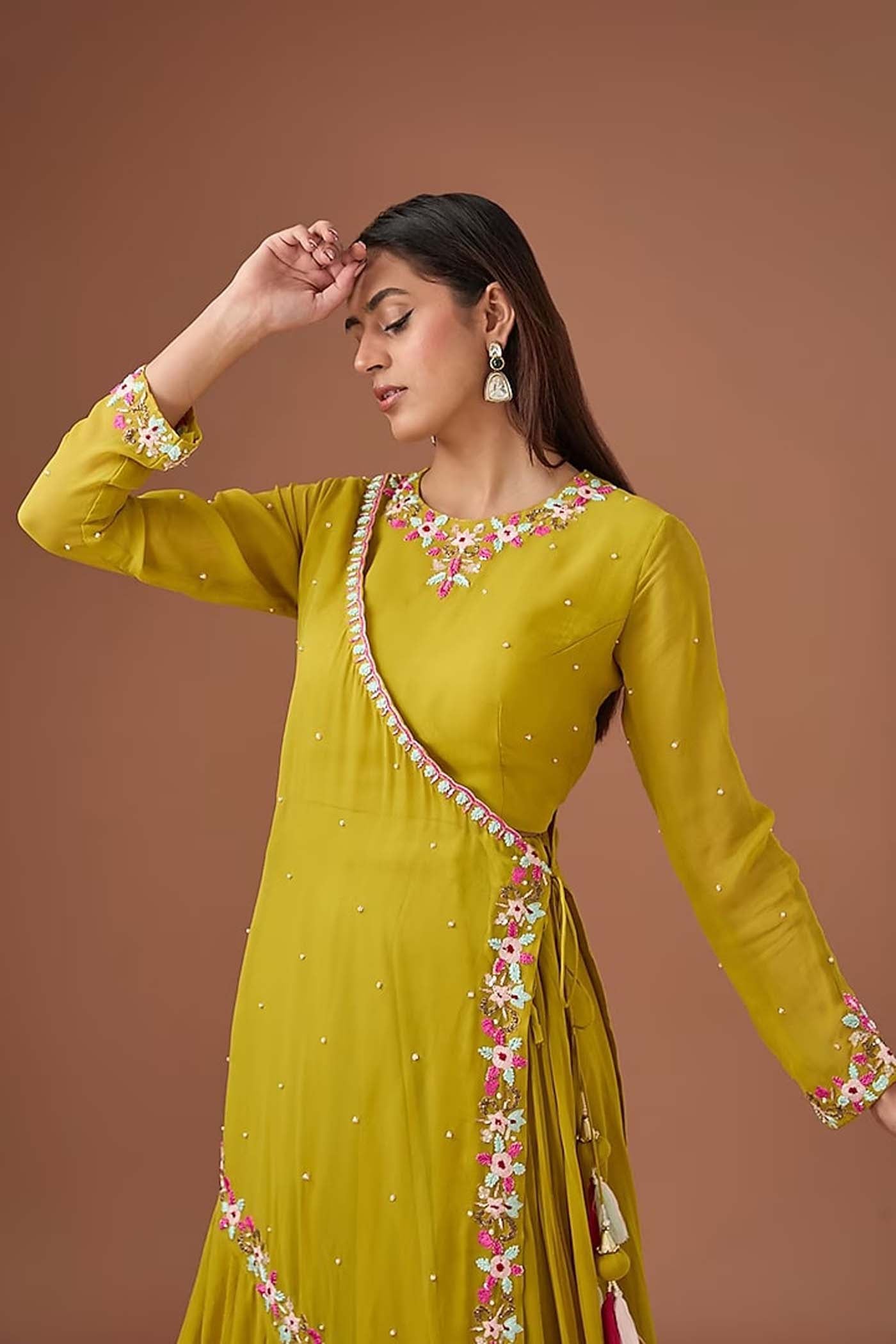 Mustard Yellow Embroidered draped lehenga set