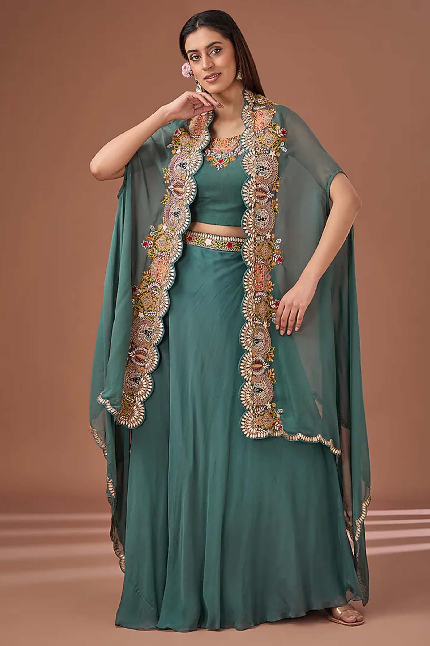 Green Crop-Top Lehenga with Organza Cape