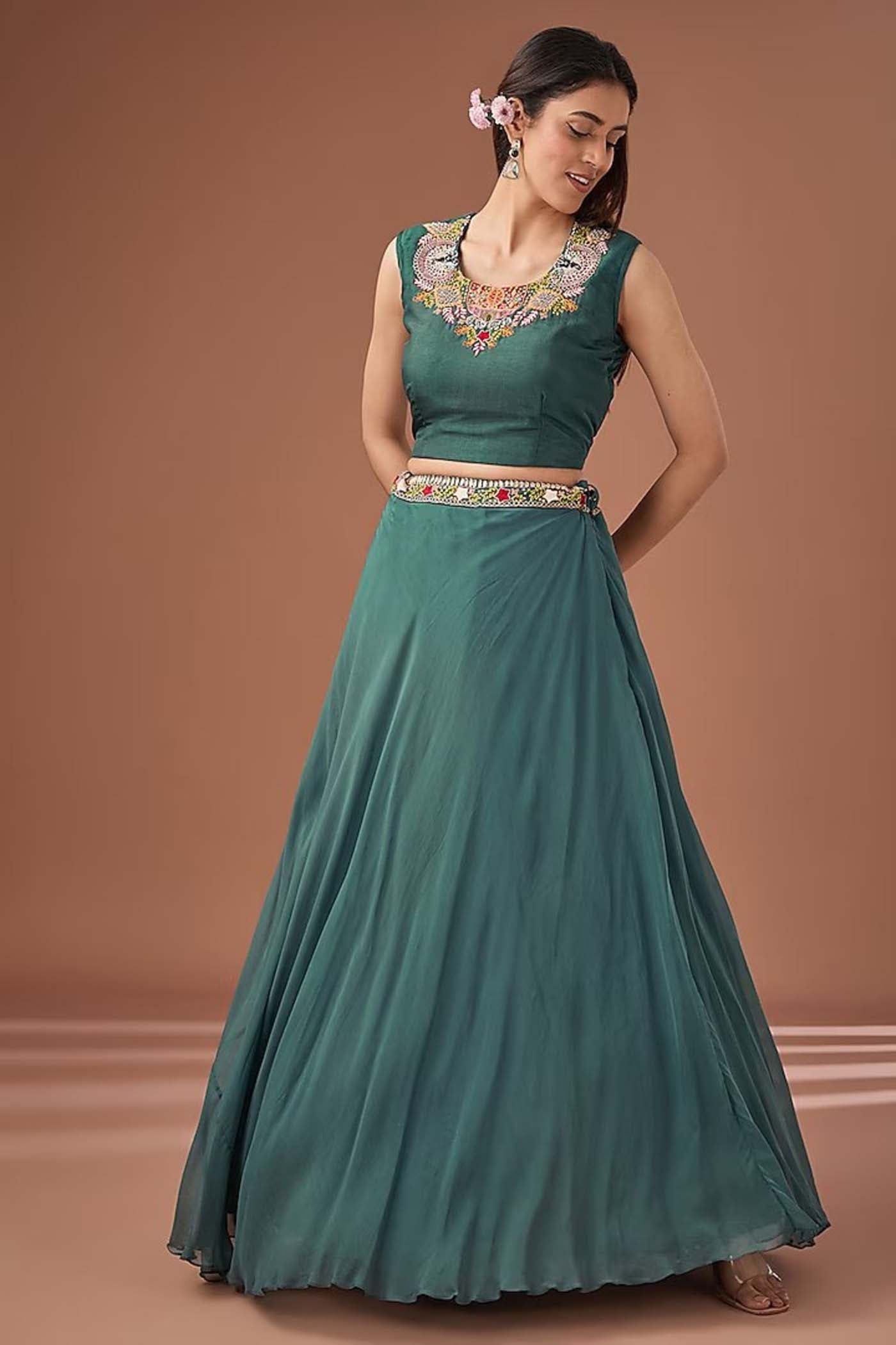 Green Crop-Top Lehenga with Organza Cape