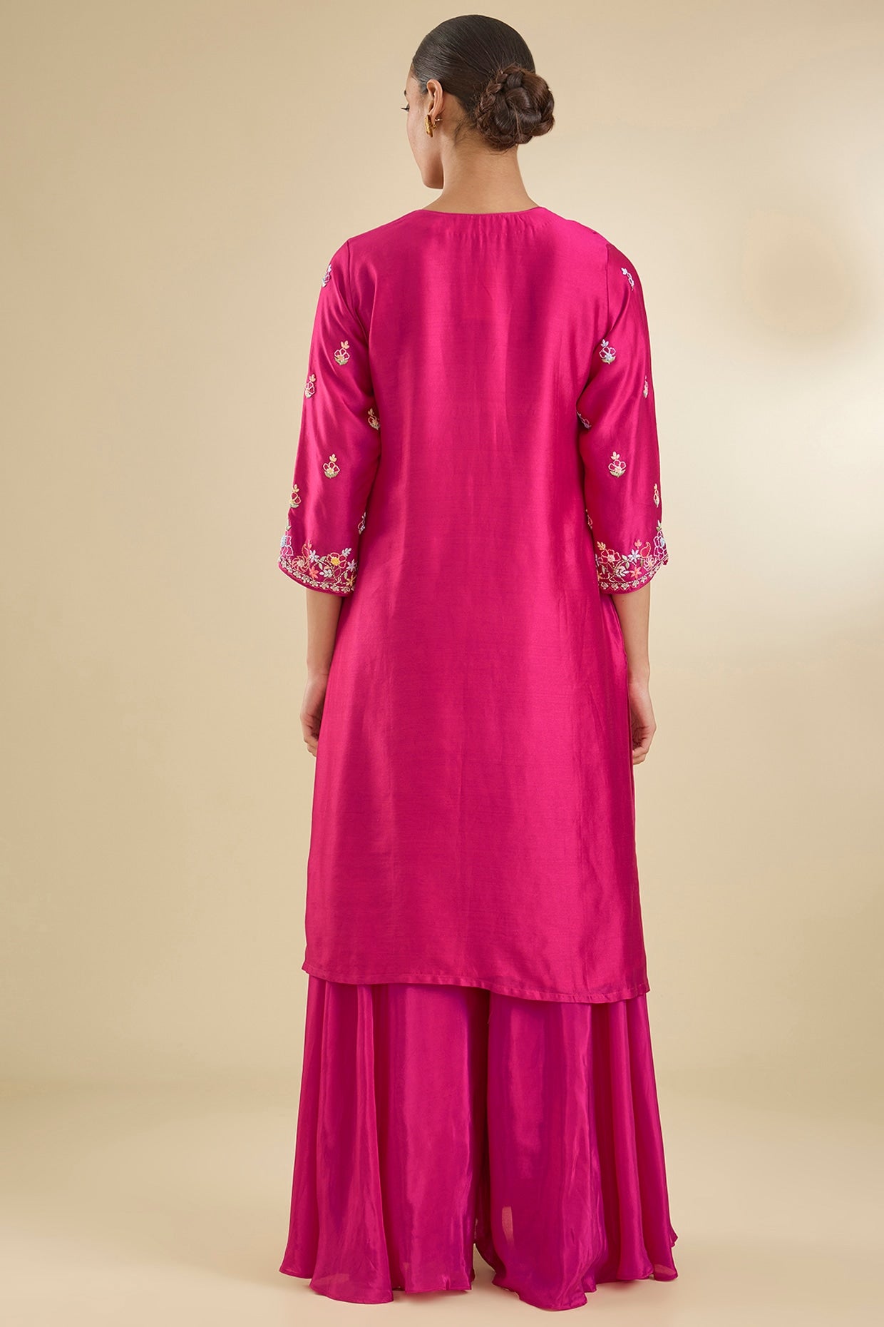 Fuchsia Pink Chanderi Silk Sequins & Bead Embroidered Kurta Set