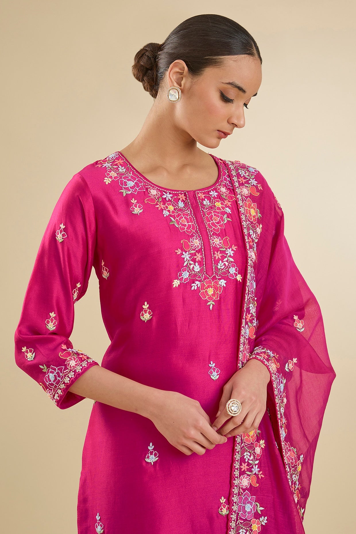 Fuchsia Pink Chanderi Silk Sequins & Bead Embroidered Kurta Set