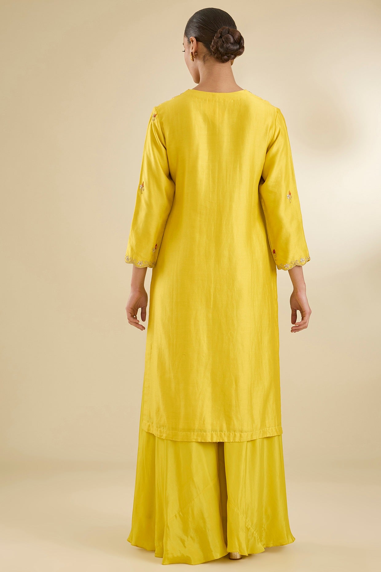 Yellow Chanderi Silk Sequins & Floral Embroidered Kurta Set