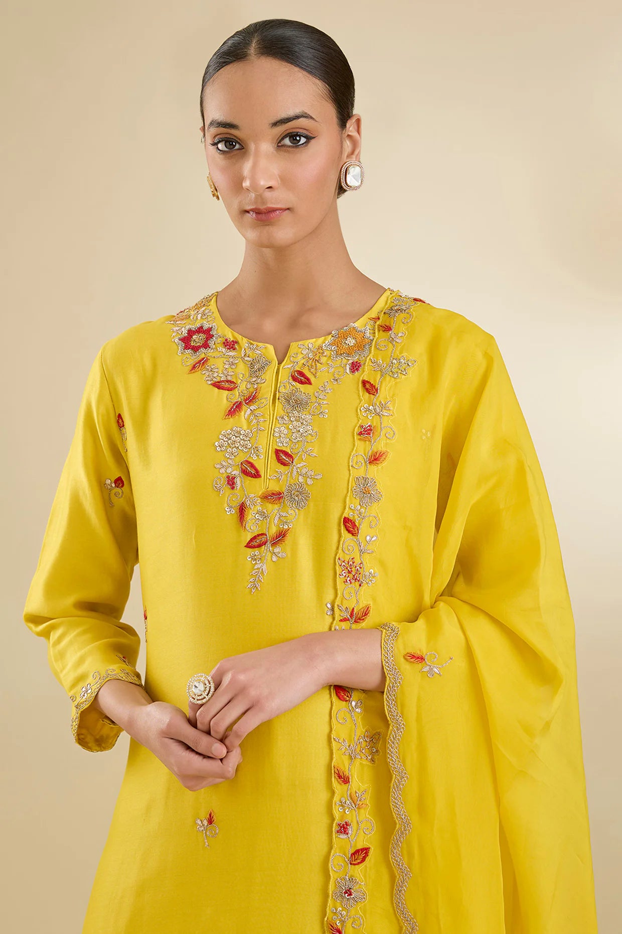 Yellow Chanderi Silk Sequins & Floral Embroidered Kurta Set