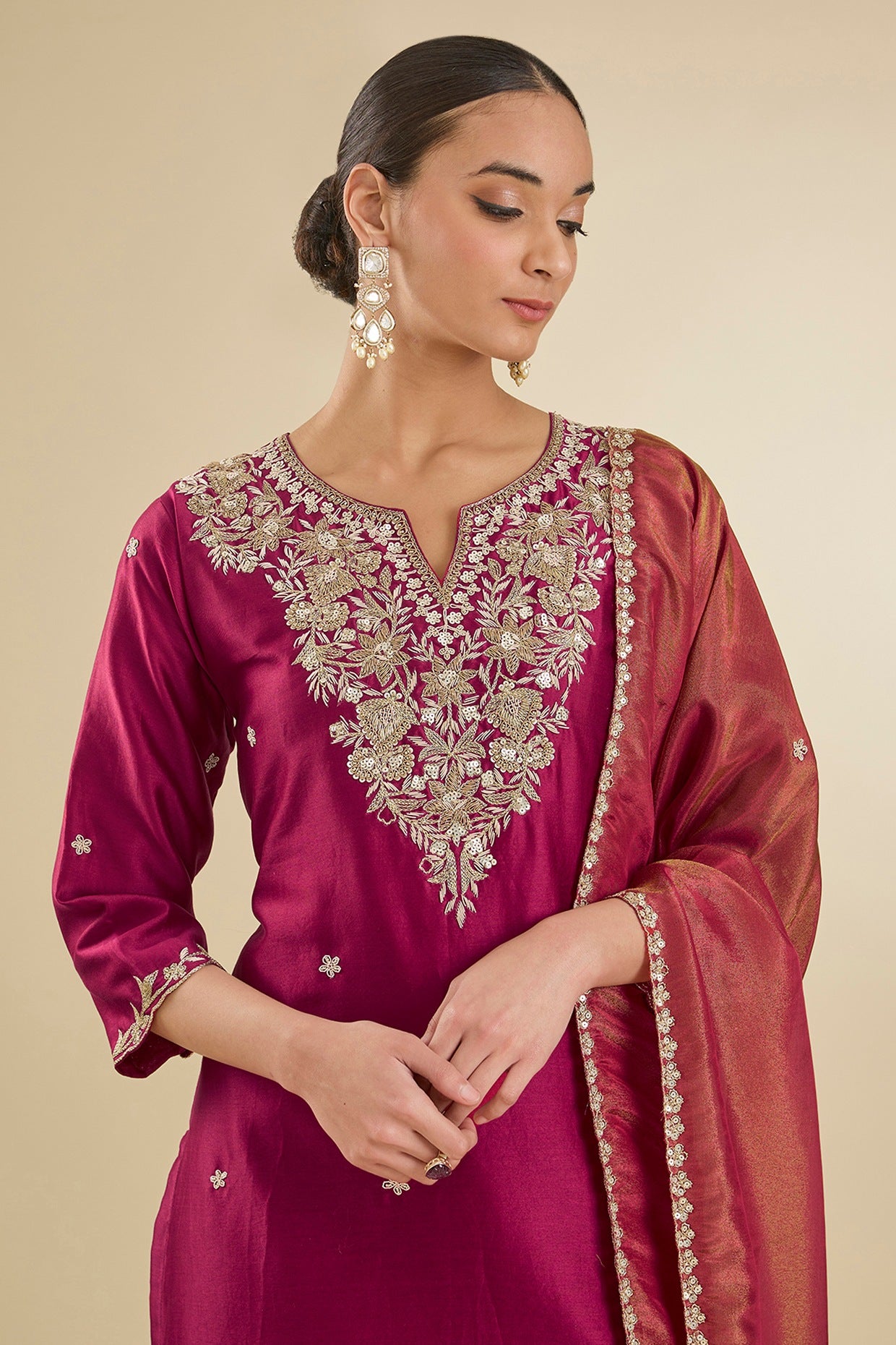 Maroon Chanderi Silk Dabka & Zari Embroidered Kurta Set