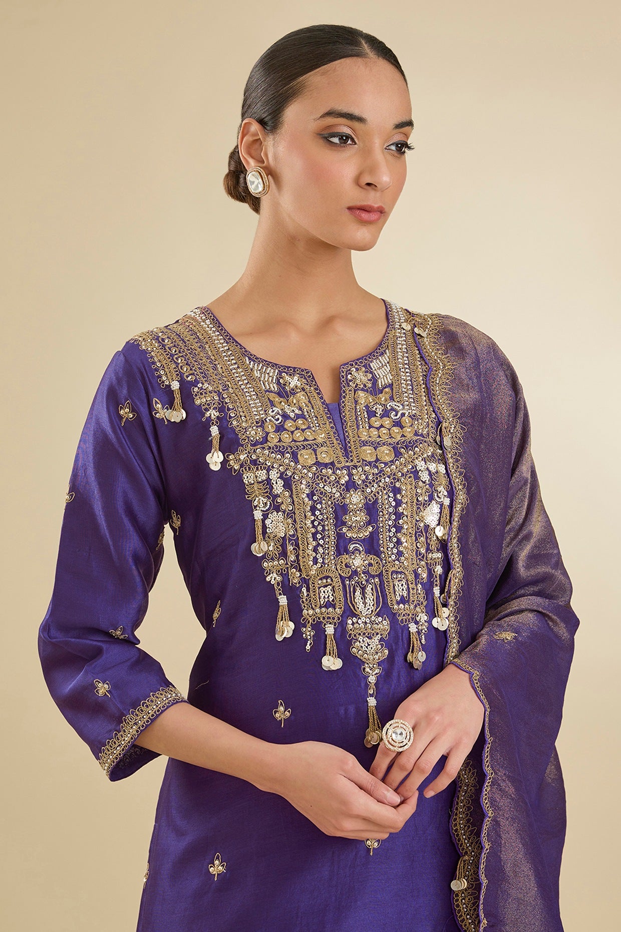 Purple Chanderi Silk Pearl & Zari Embroidered Kurta Set
