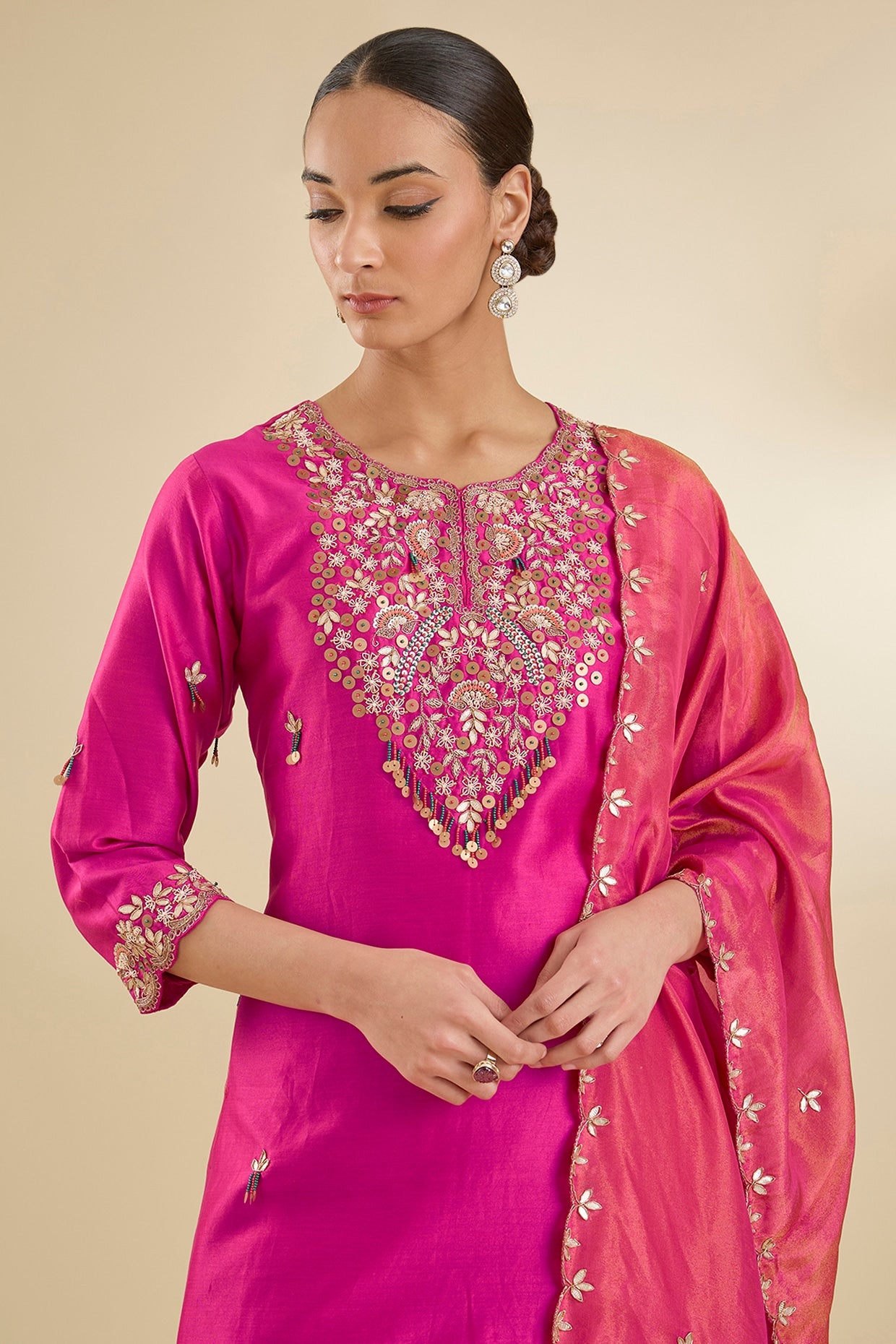 Fuchsia Pink Chanderi Silk Bead & Dabka Embroidered Kurta Set