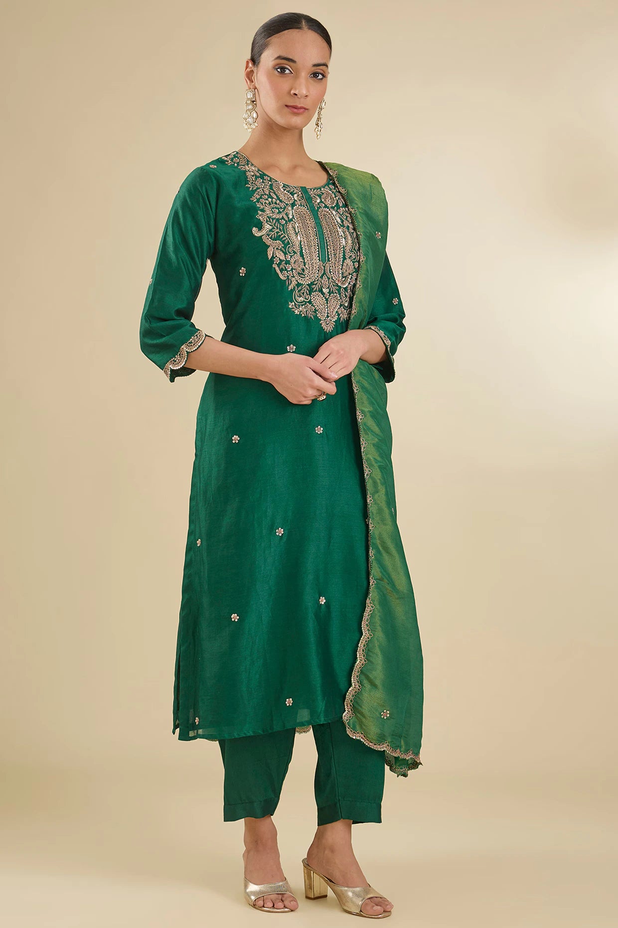 Bottle Green Chanderi Silk Sequins & Dabka Embroidered Kurta Set
