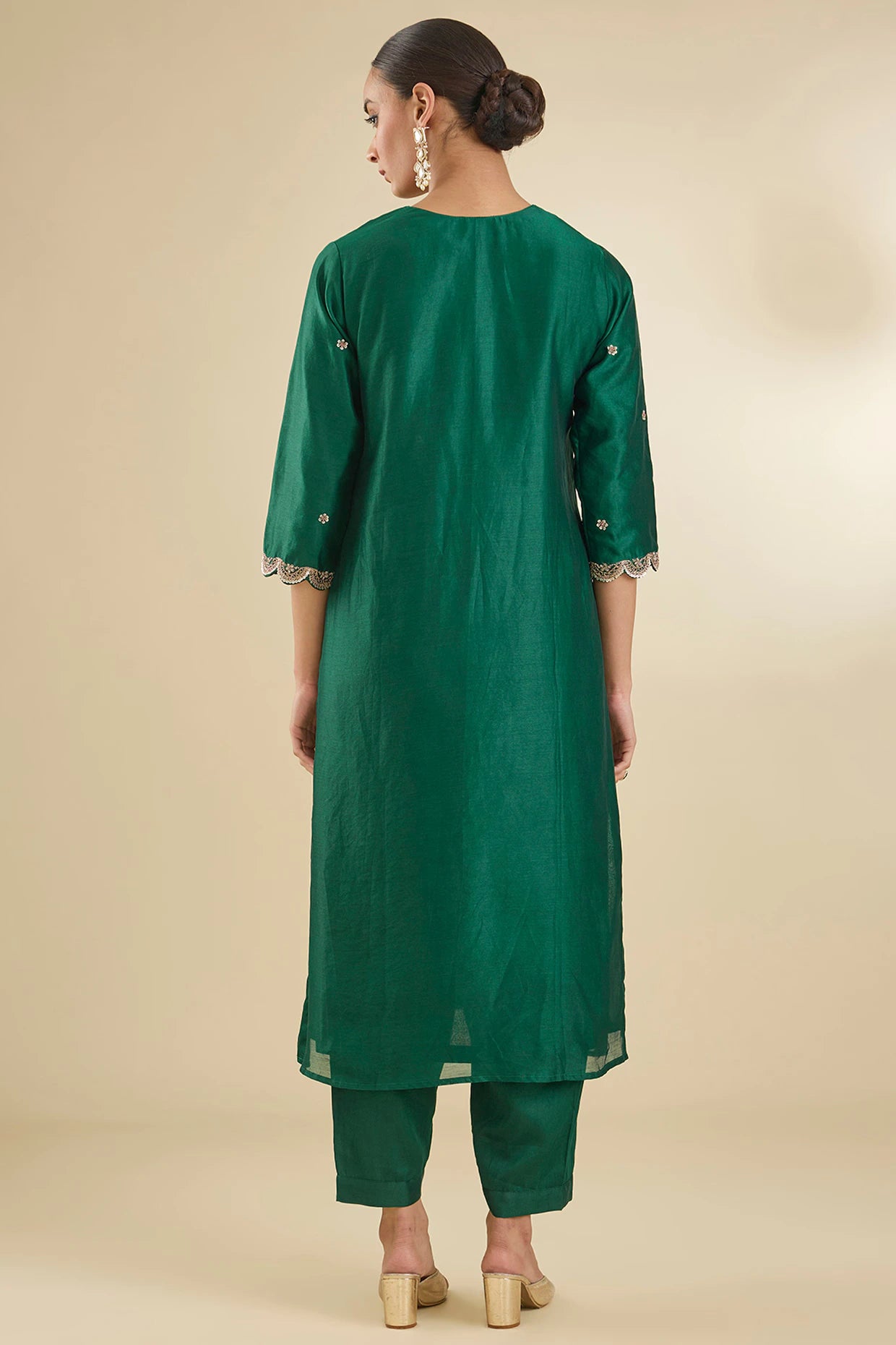 Bottle Green Chanderi Silk Sequins & Dabka Embroidered Kurta Set