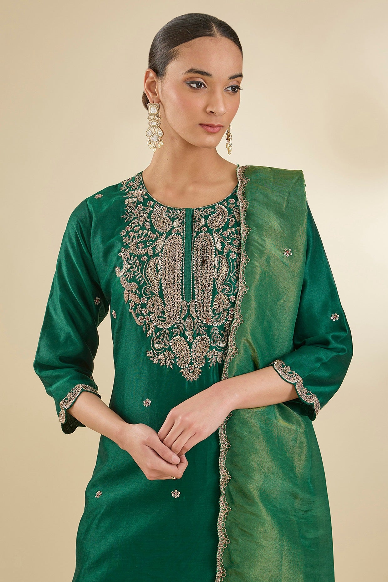 Bottle Green Chanderi Silk Sequins & Dabka Embroidered Kurta Set