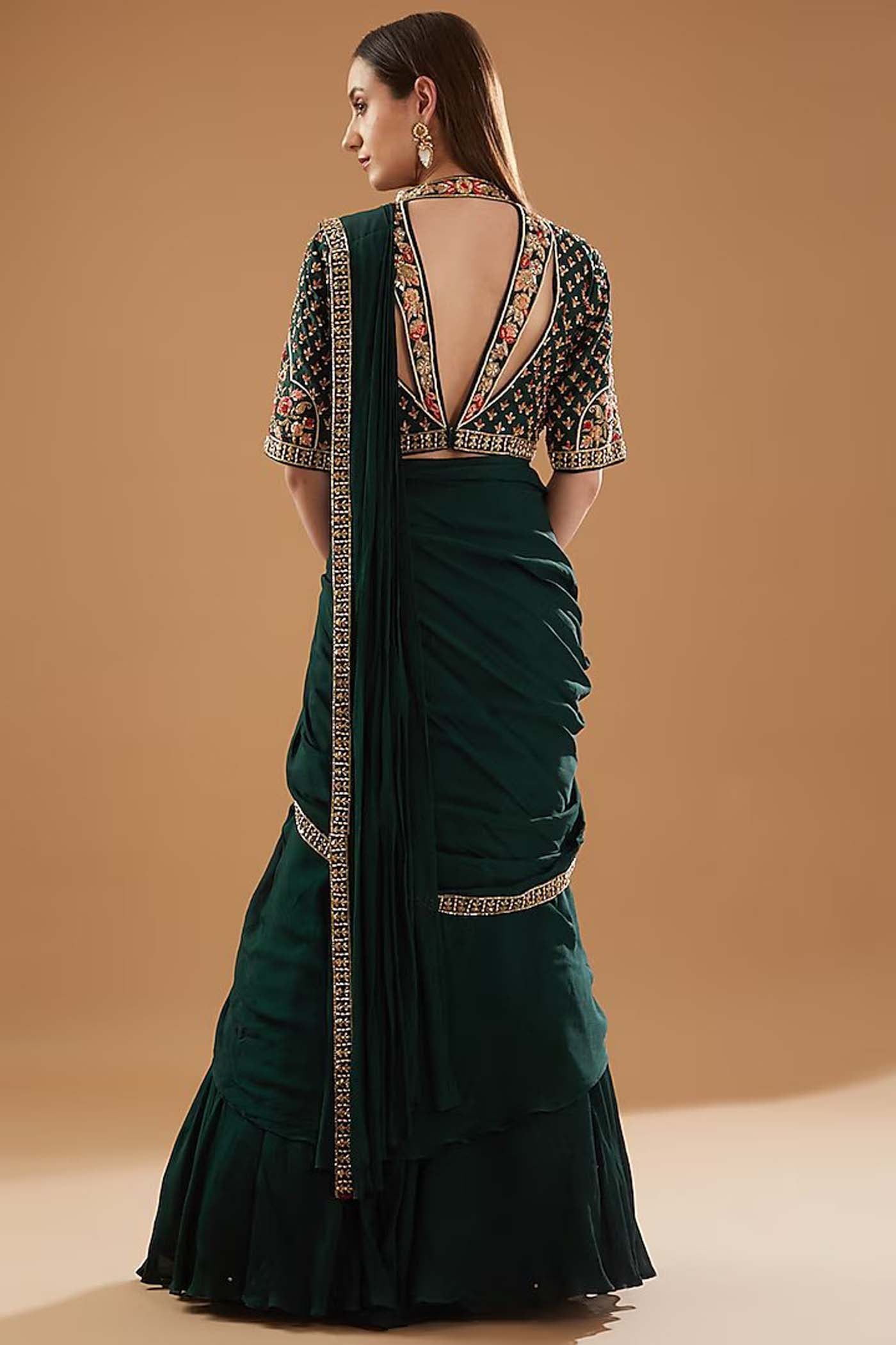 Bottle Green Drape Lehenga Saree