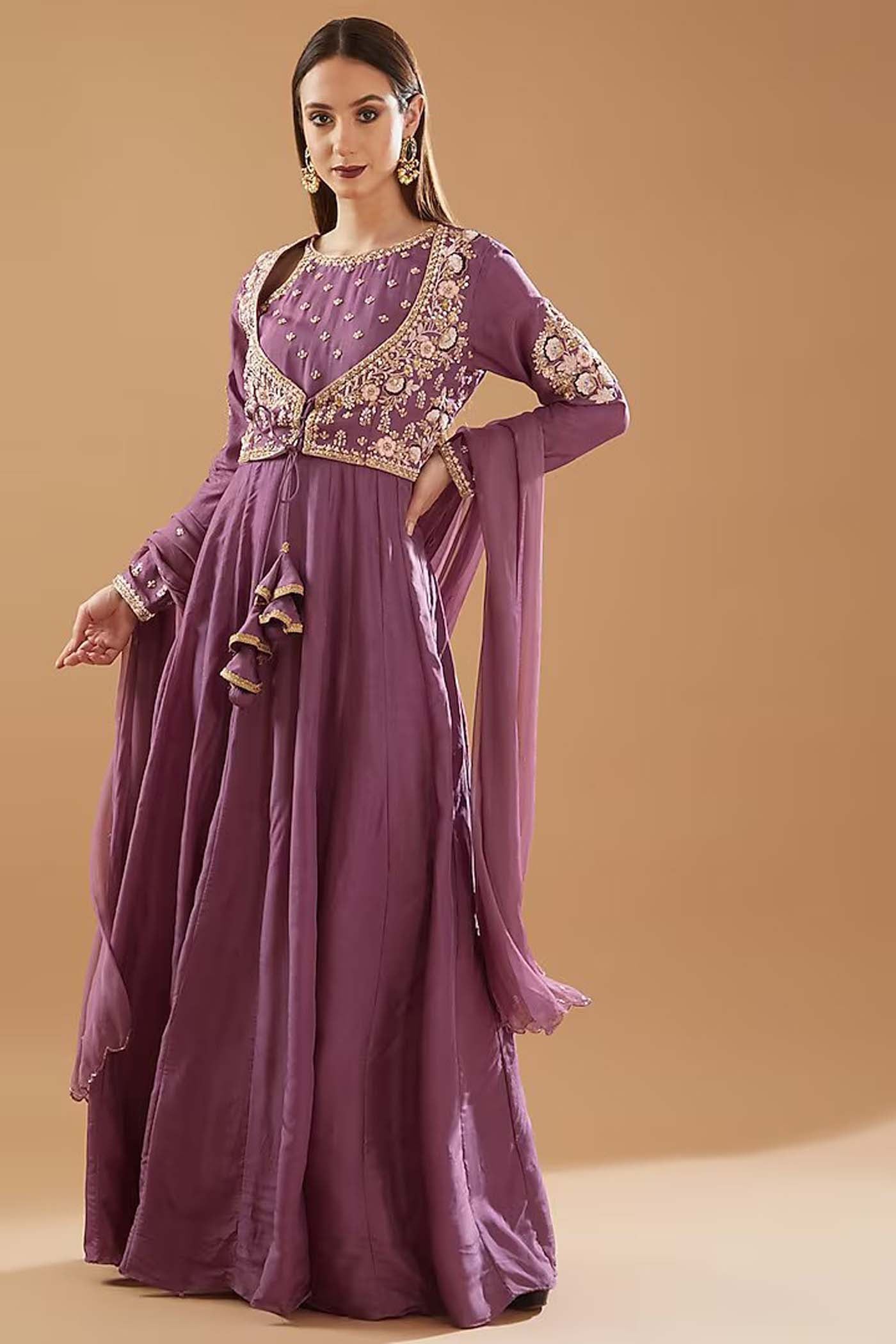Deep Lilac Anarkali with paired an embellished dupatta