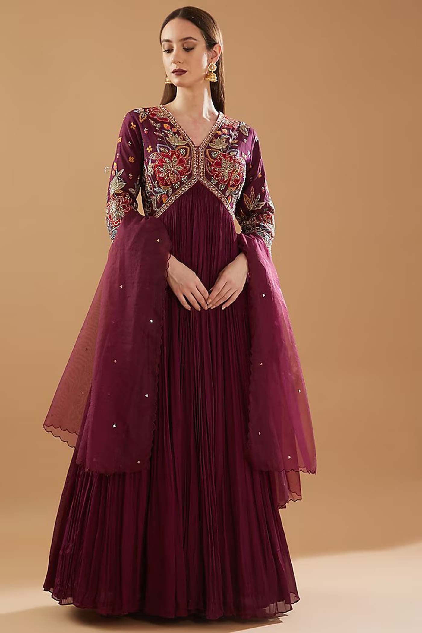 Wine Embroidered Ruched Anarkali with Dupatta
