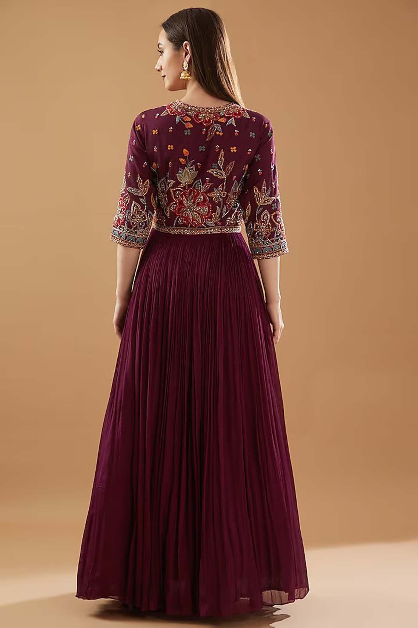Wine Embroidered Ruched Anarkali with Dupatta