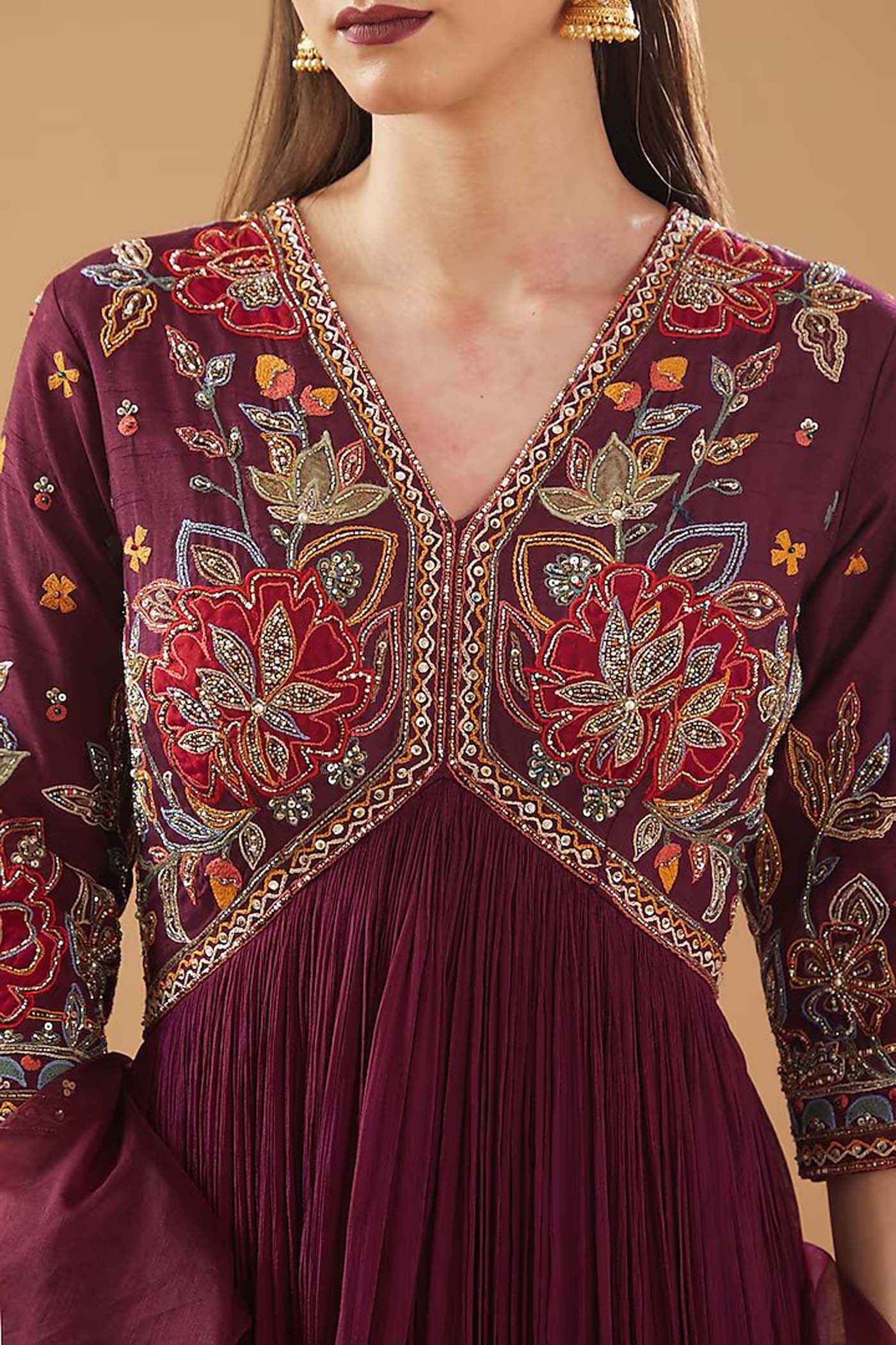 Wine Embroidered Ruched Anarkali with Dupatta