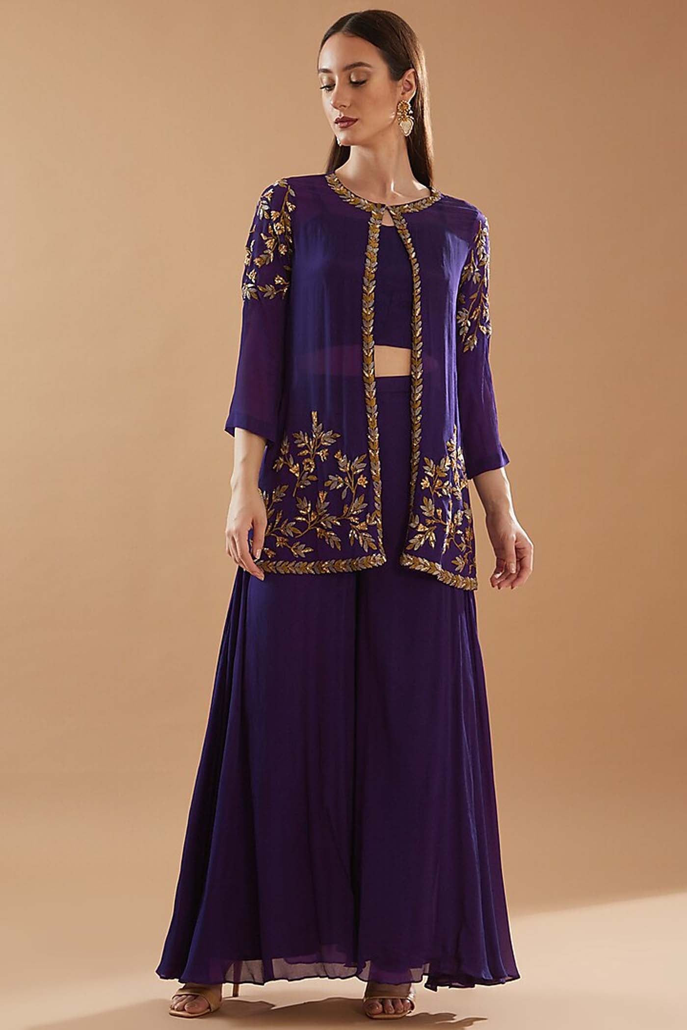 Purple Crop-top with Jacket Palazzo Set