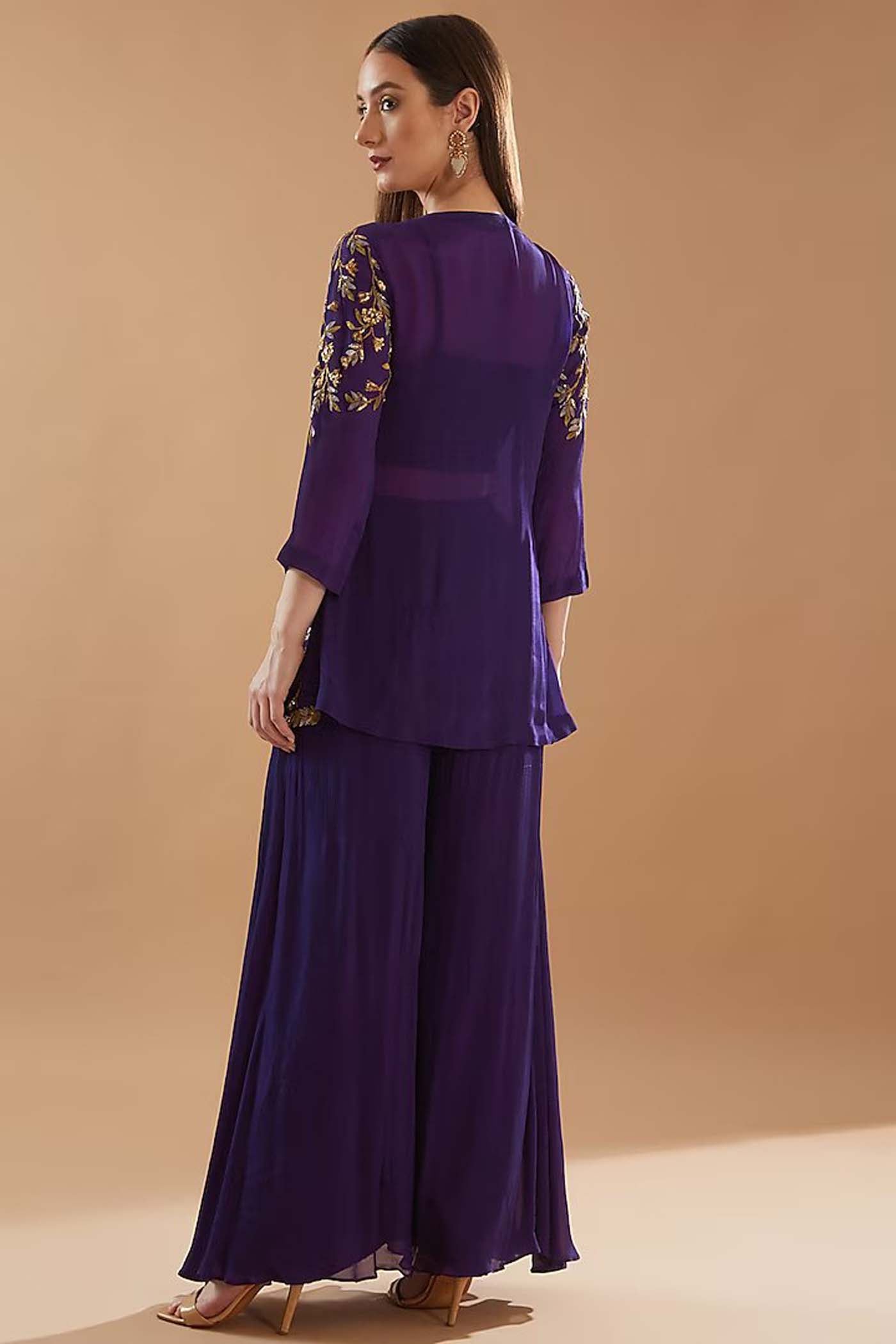 Purple Crop-top with Jacket Palazzo Set