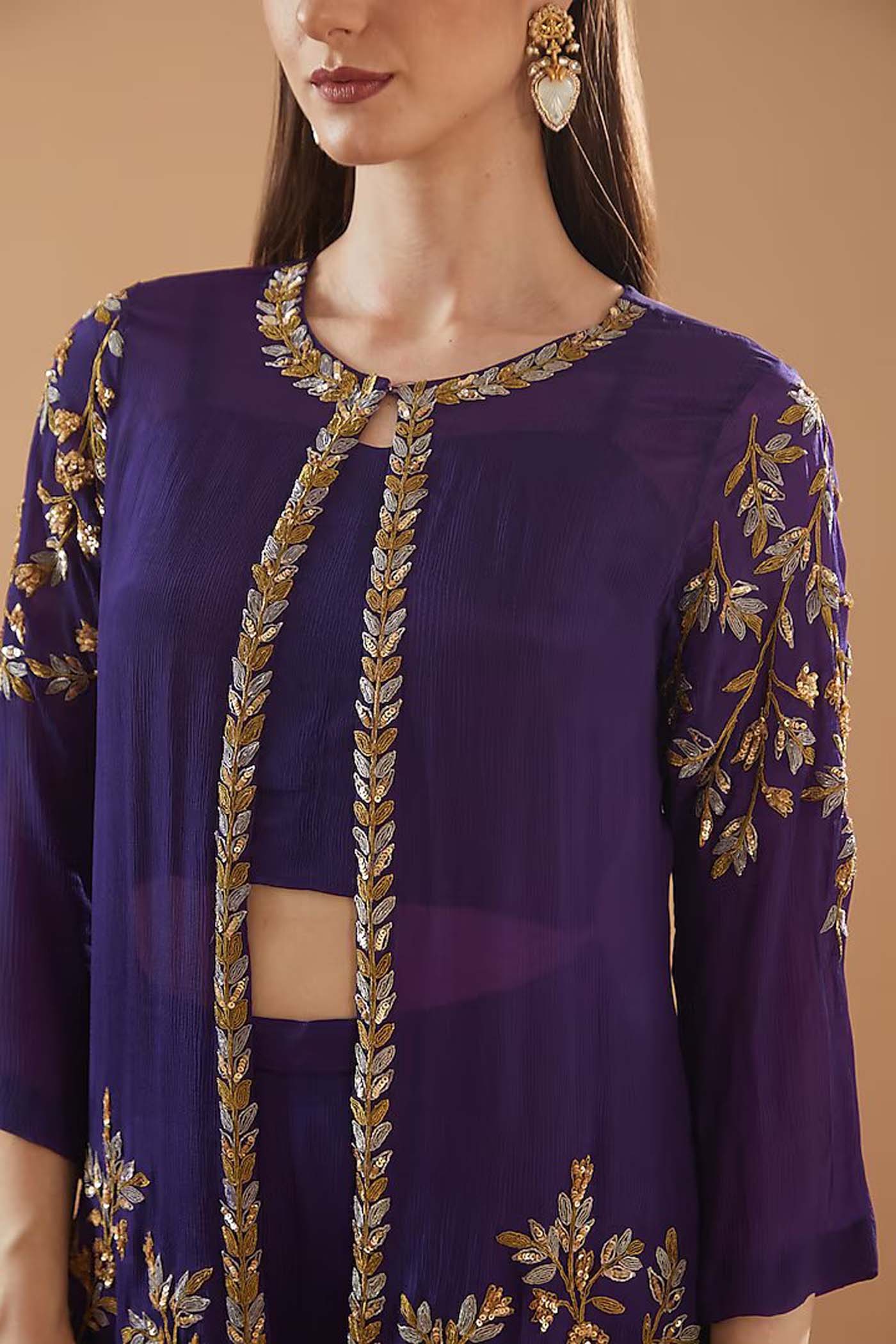 Purple Crop-top with Jacket Palazzo Set