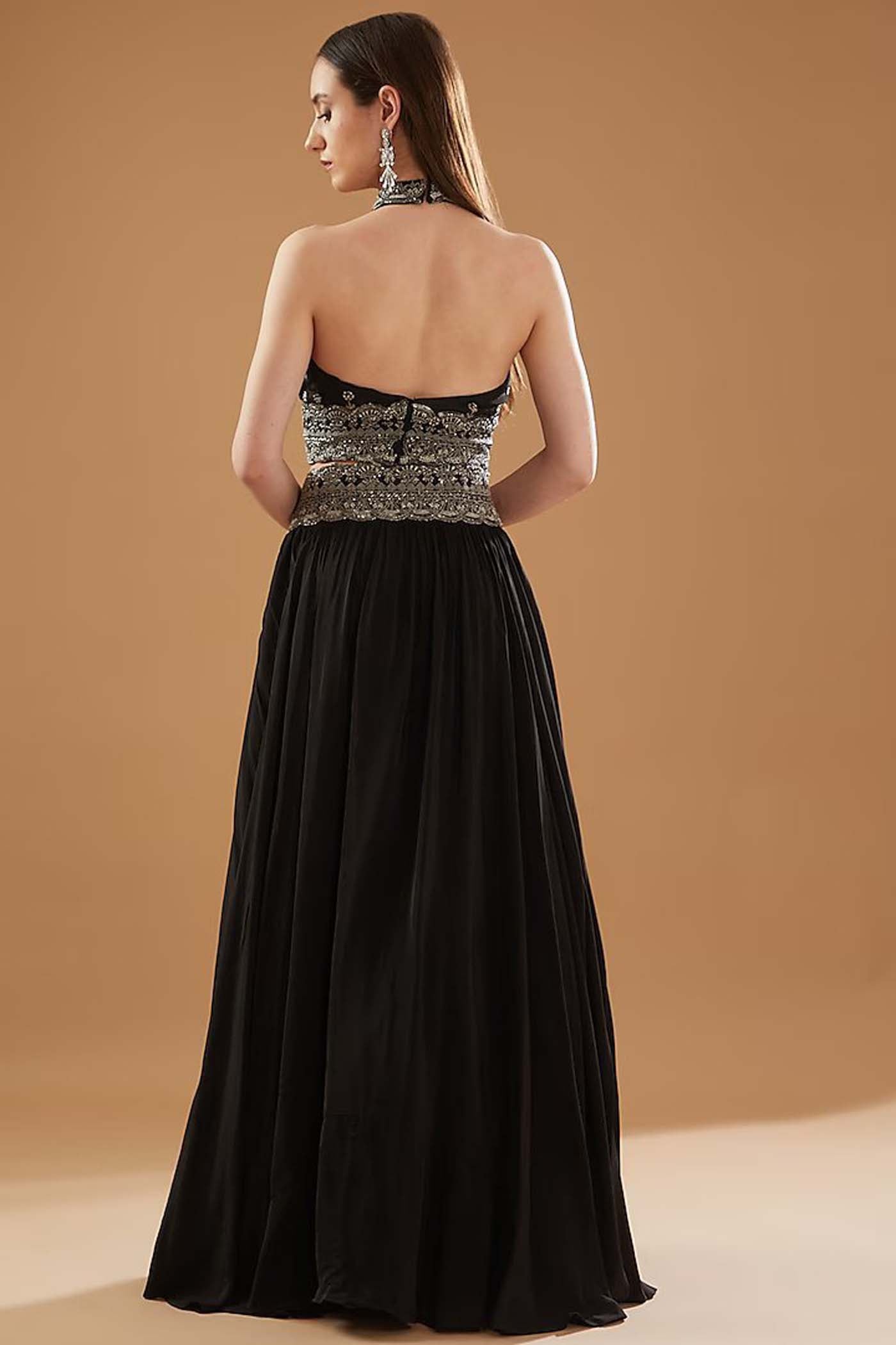 Black Halter Neck Blouse with Lehenga and Duapatta