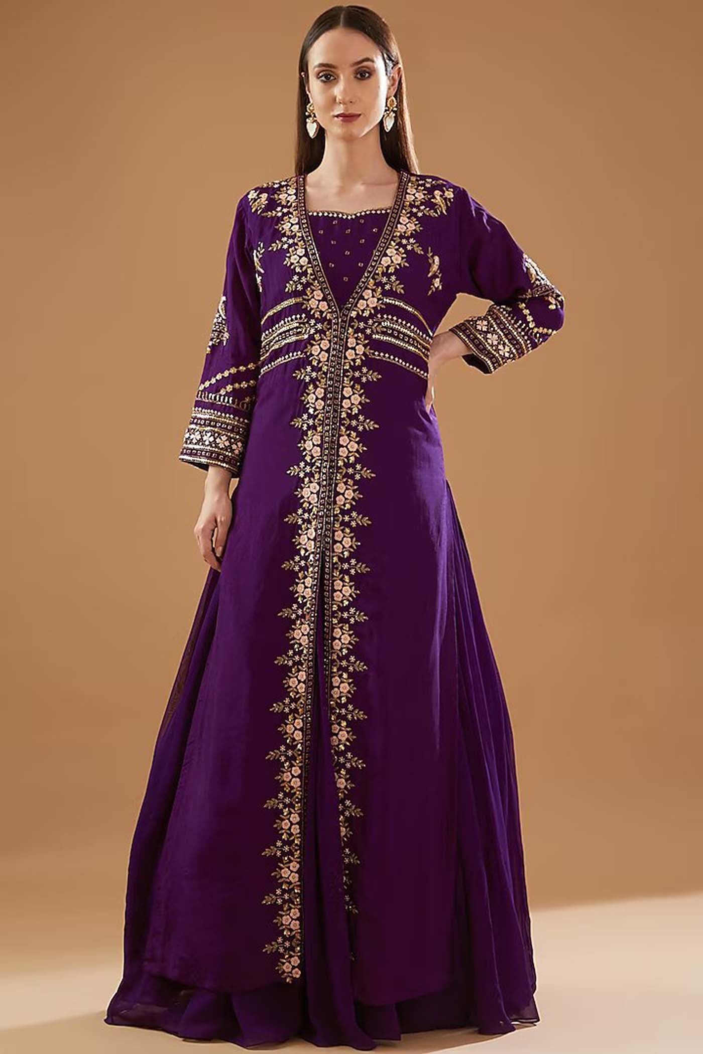 Purple Gather Gown with Embroidered Jacket Set