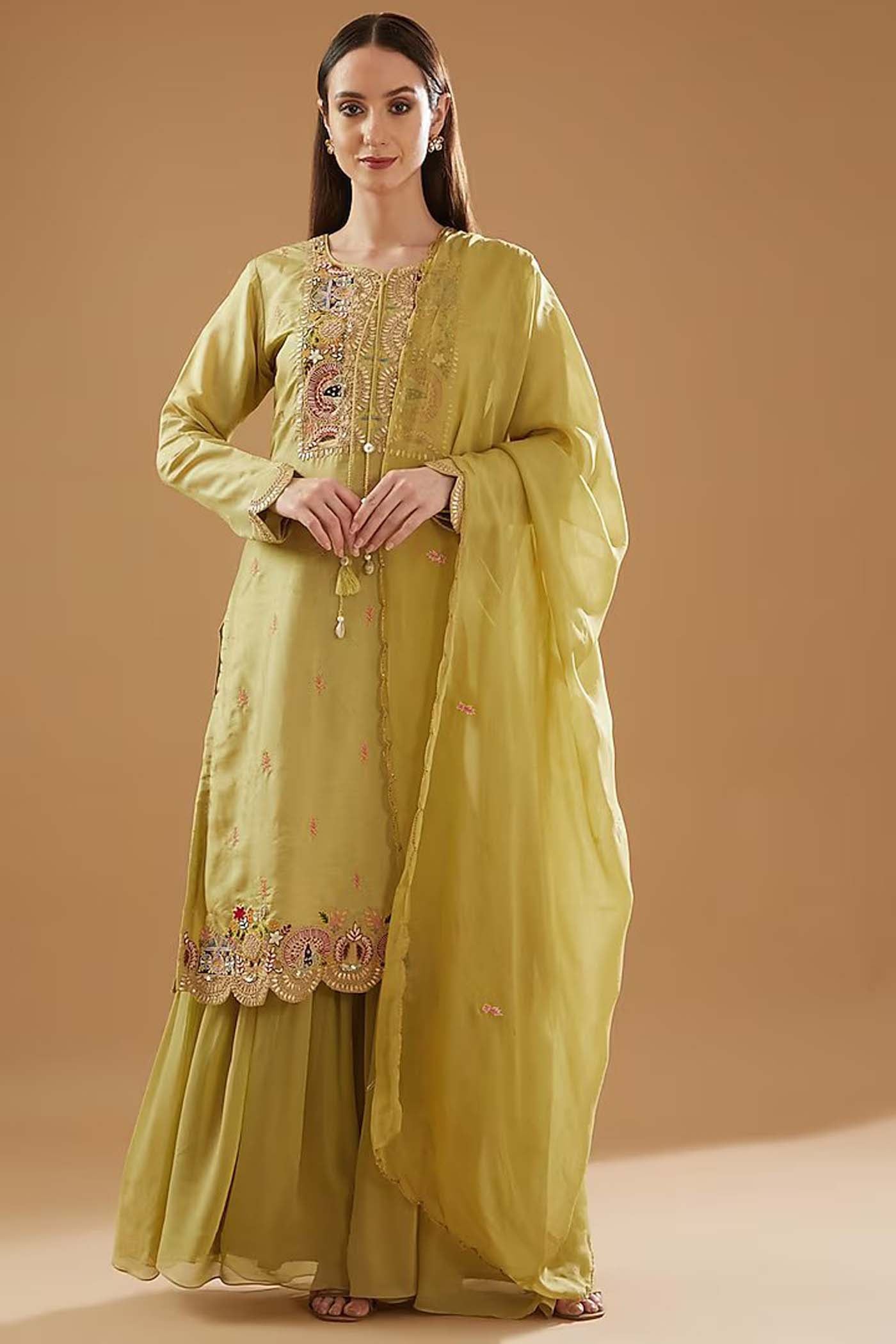 Green Straight Suit with Sharara and Dupatta