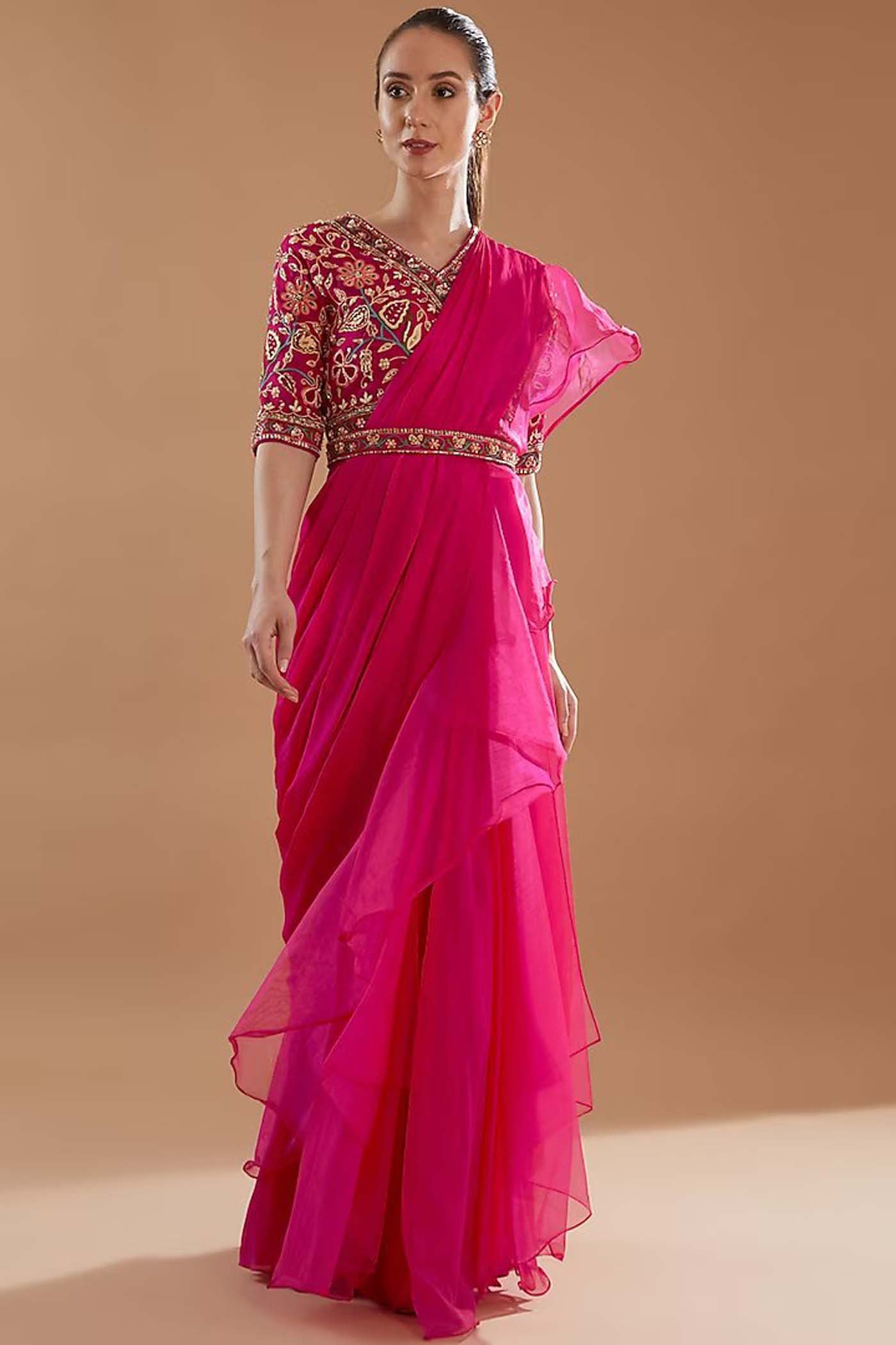 Fucshia Draped Ruffle Saree
