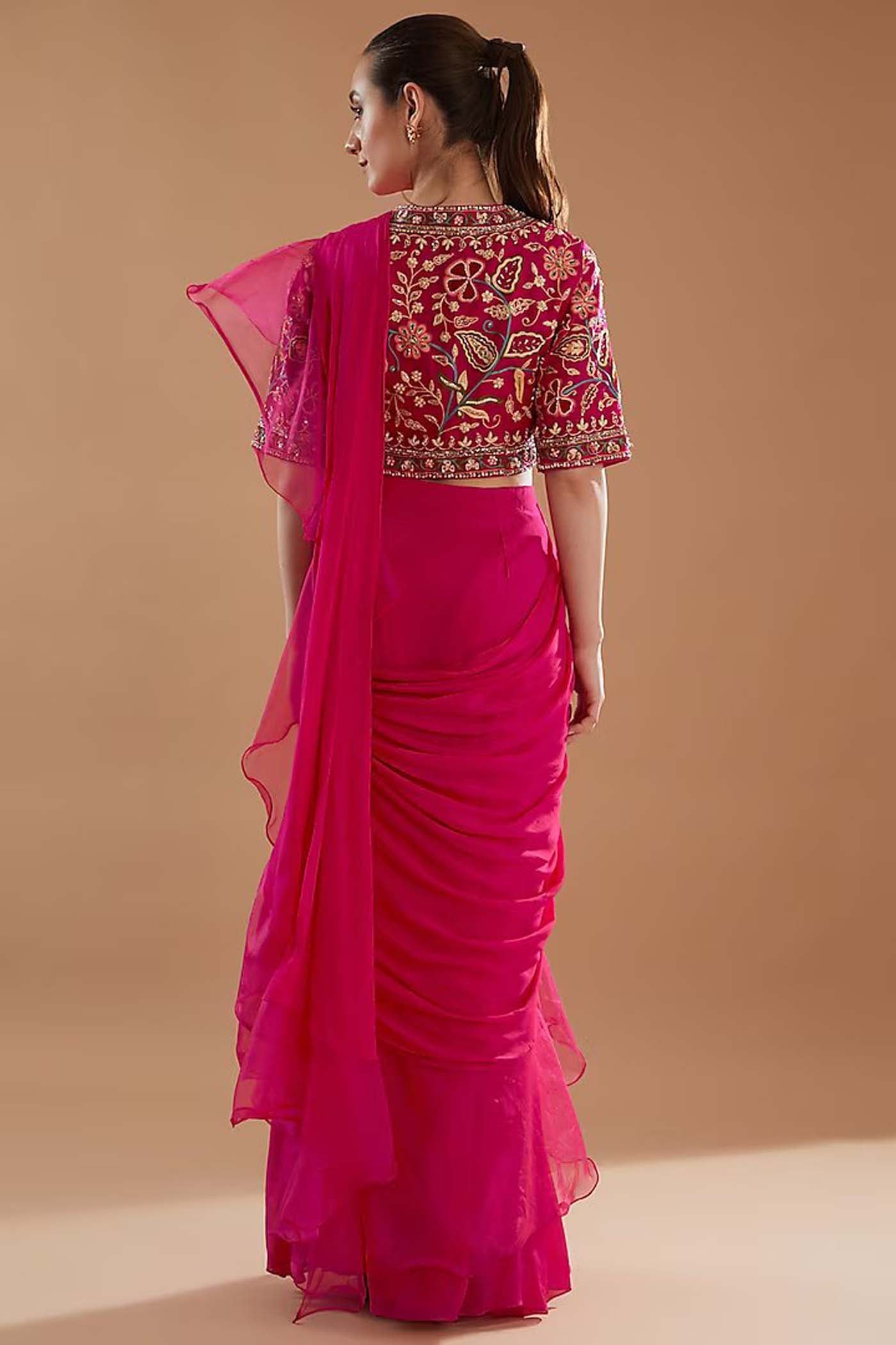 Fucshia Draped Ruffle Saree