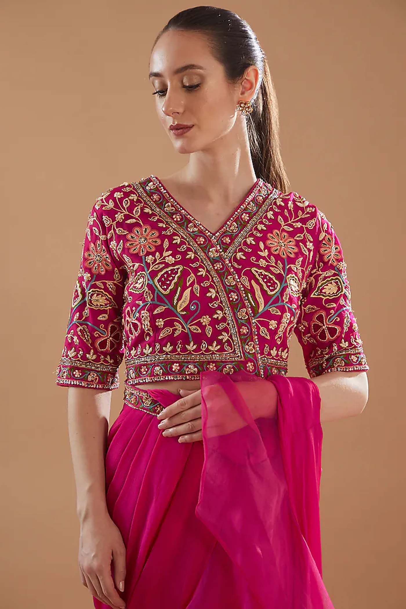Fucshia Draped Ruffle Saree