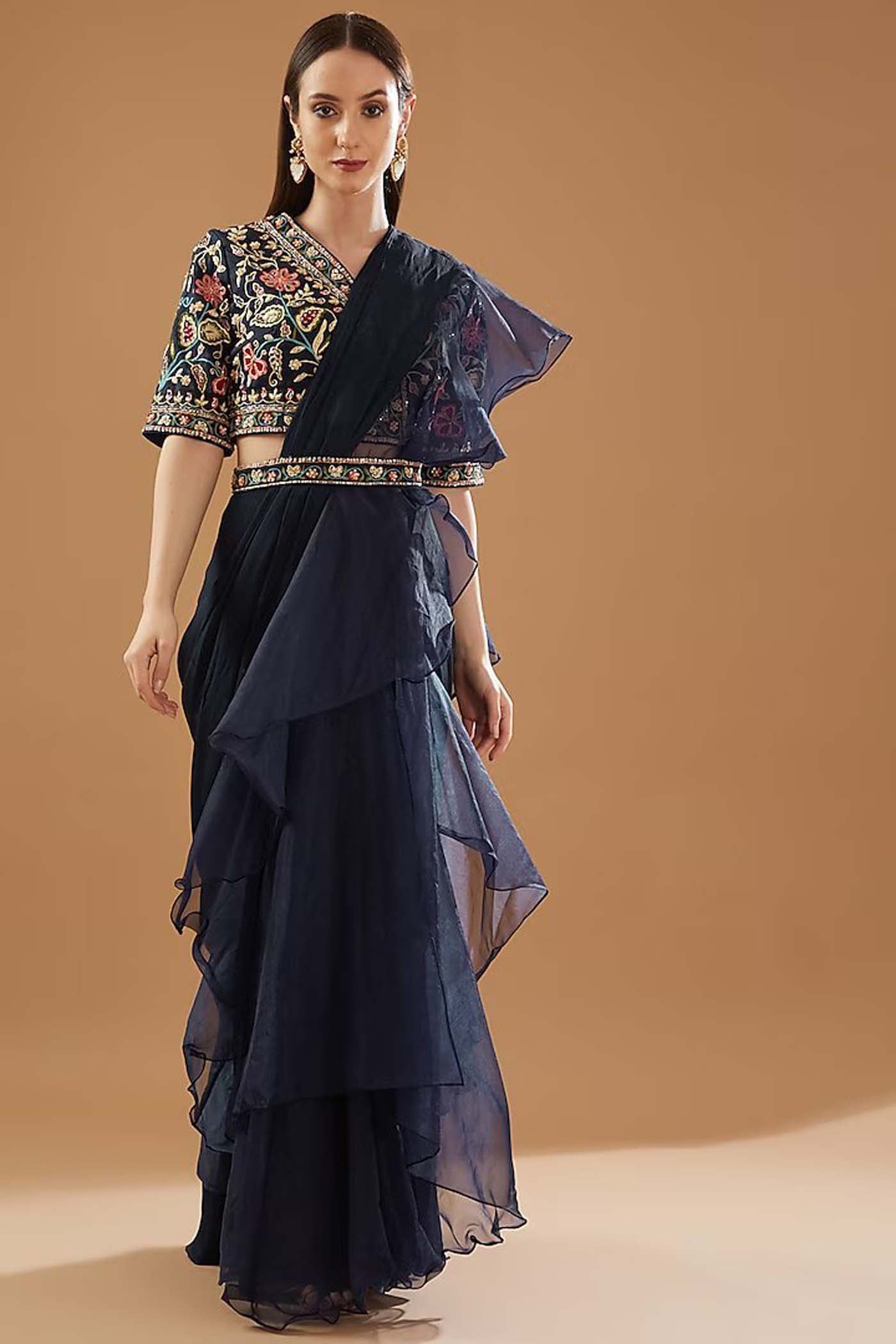 Blue Draped Ruffle Saree