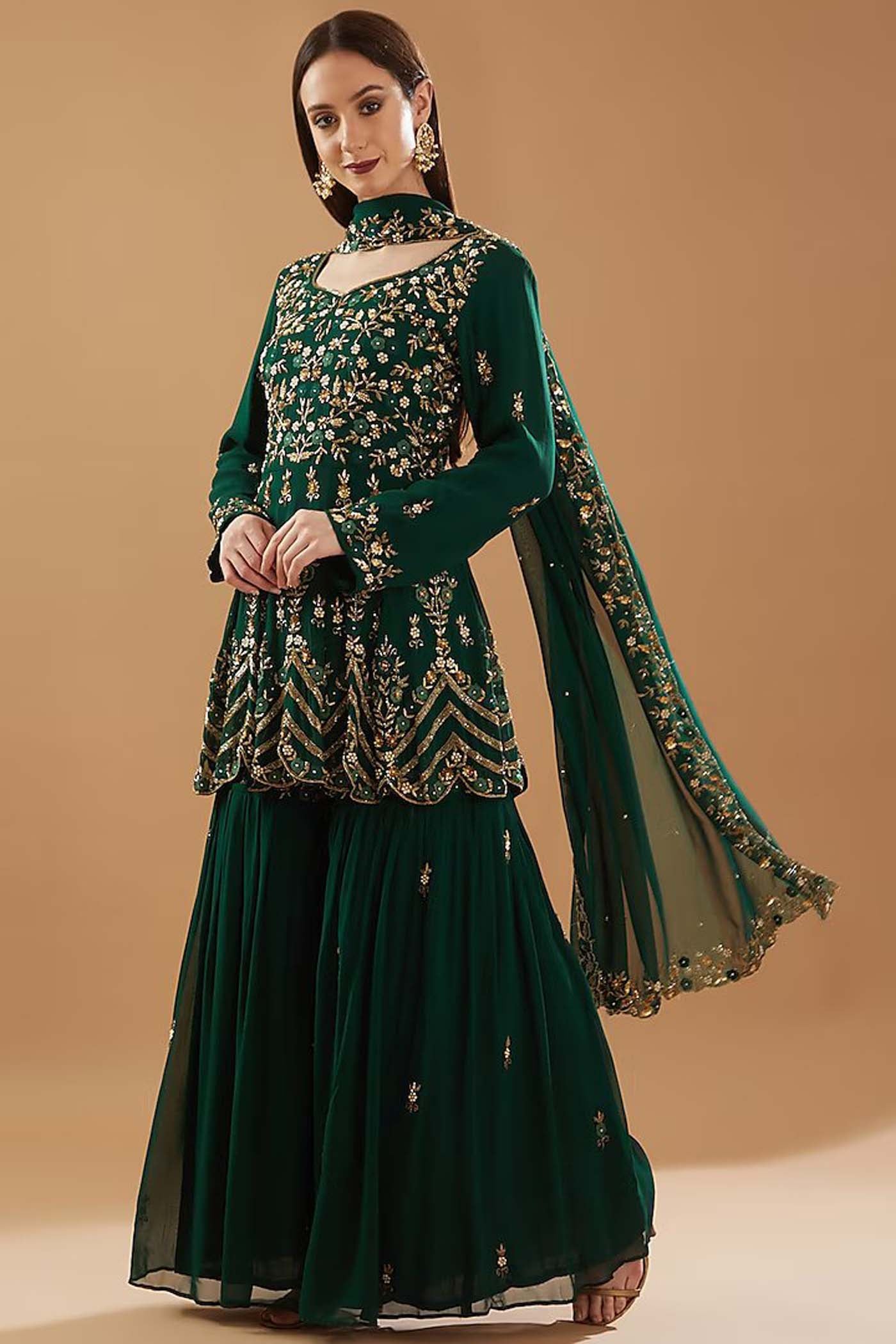 Bottle Green Peplum Kurta with Sharara and Dupatta
