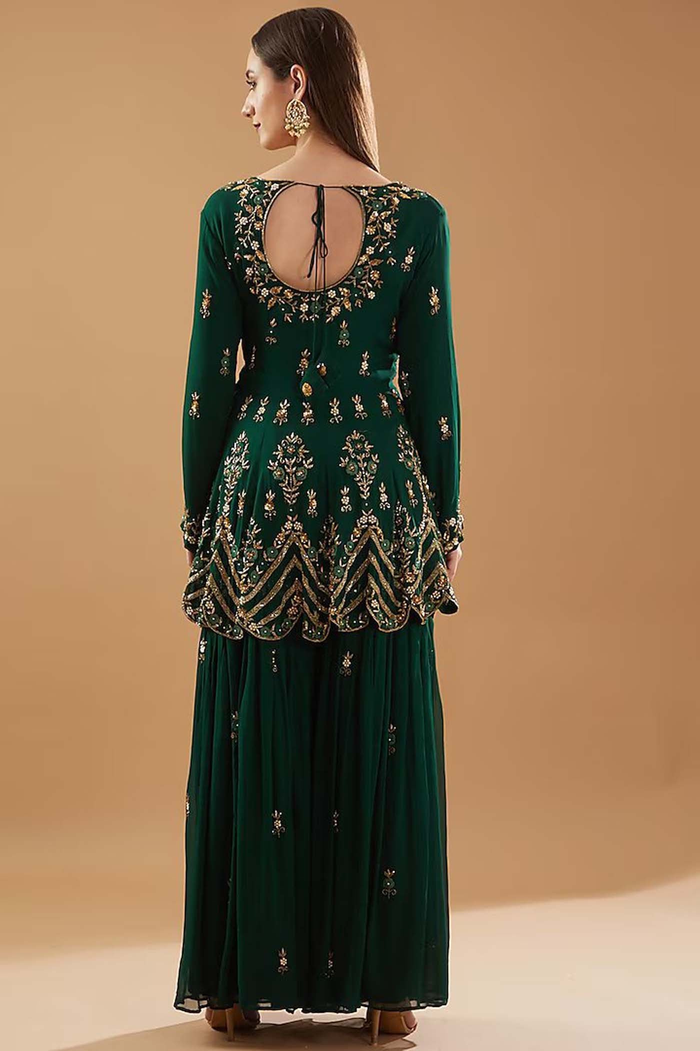 Bottle Green Peplum Kurta with Sharara and Dupatta