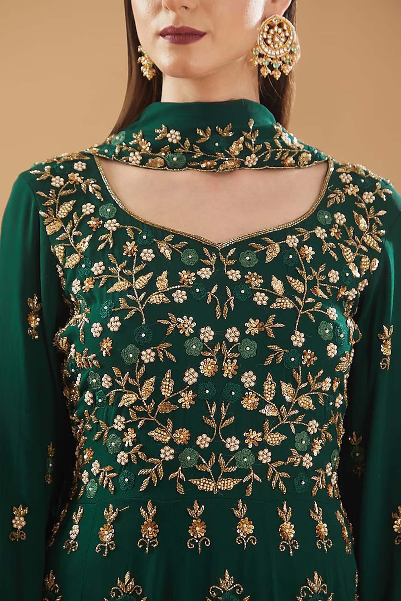 Bottle Green Peplum Kurta with Sharara and Dupatta