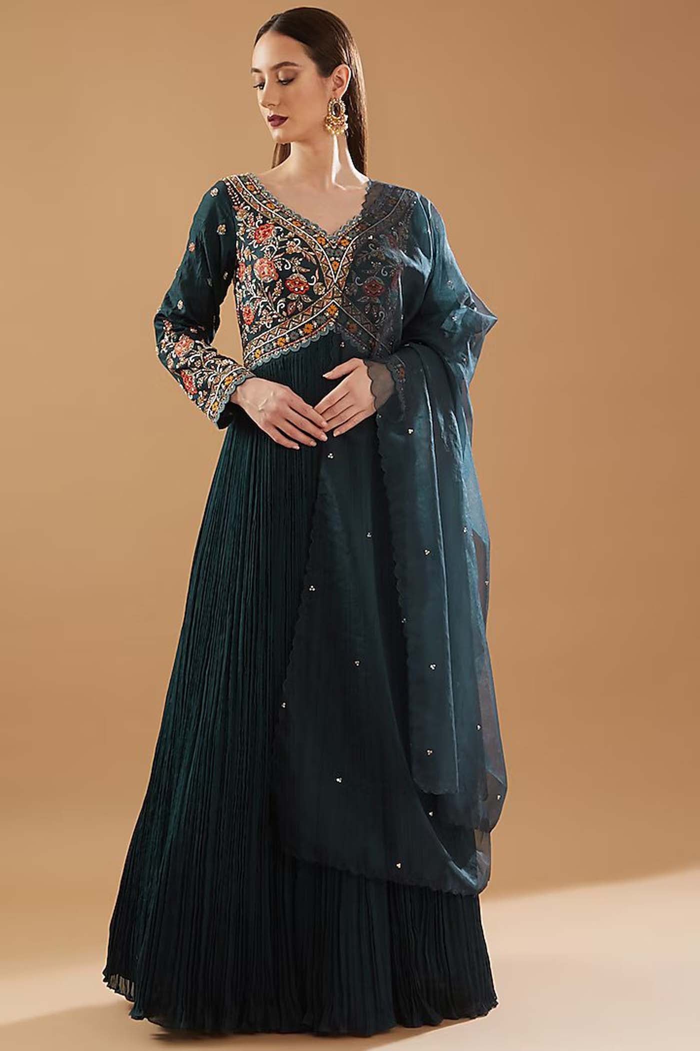 Teal Blue Embroidered Ruched Anarkali with Dupatta