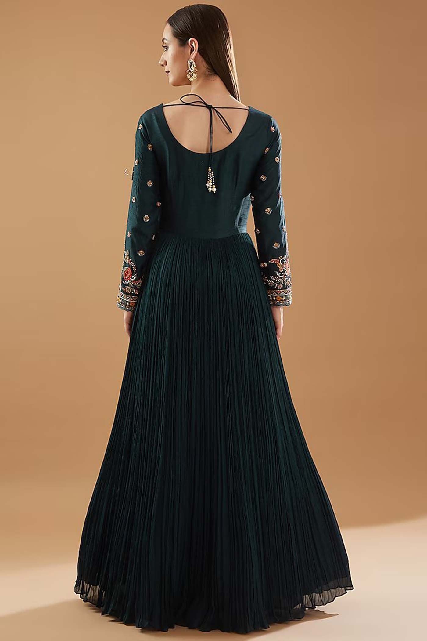 Teal Blue Embroidered Ruched Anarkali with Dupatta
