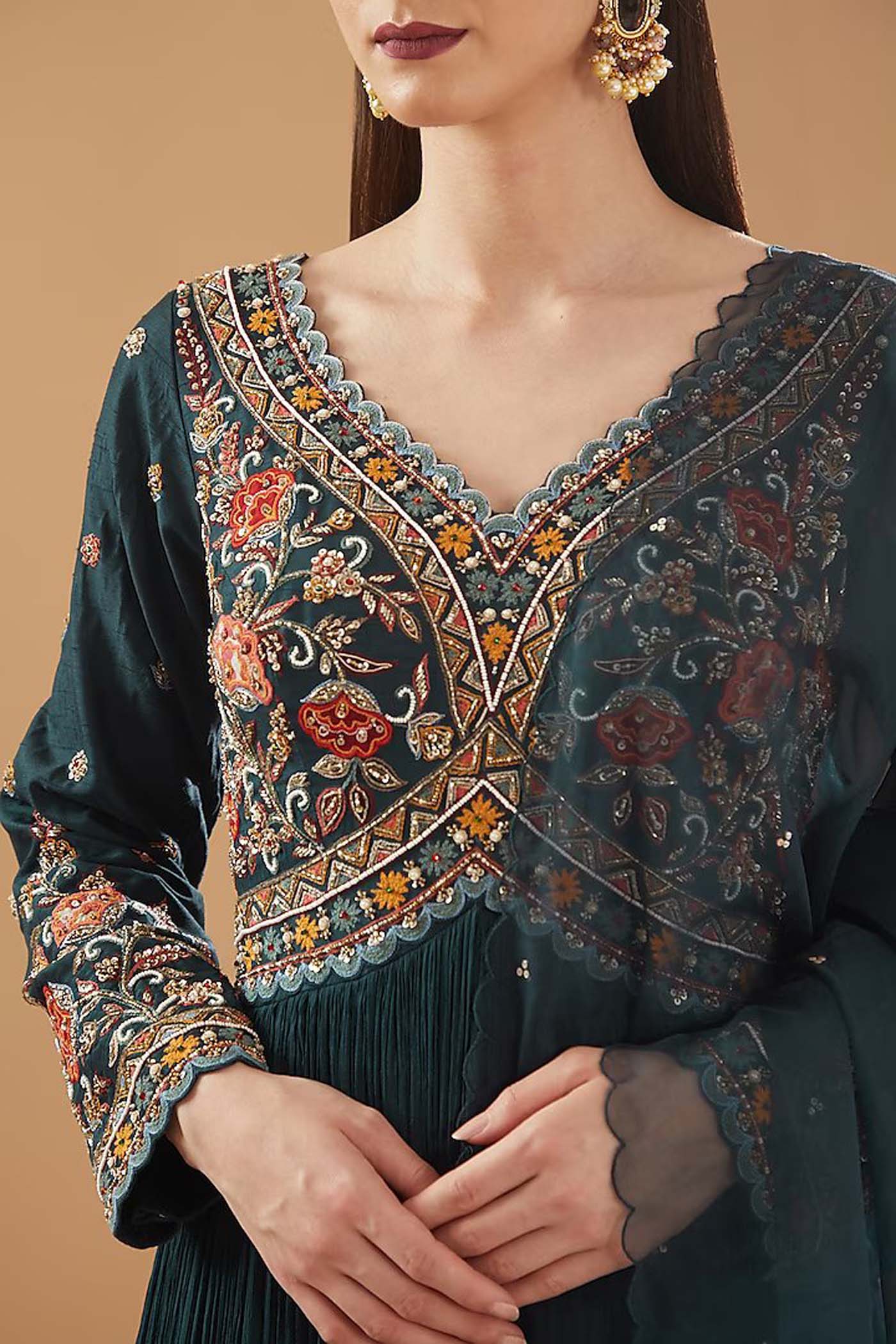 Teal Blue Embroidered Ruched Anarkali with Dupatta