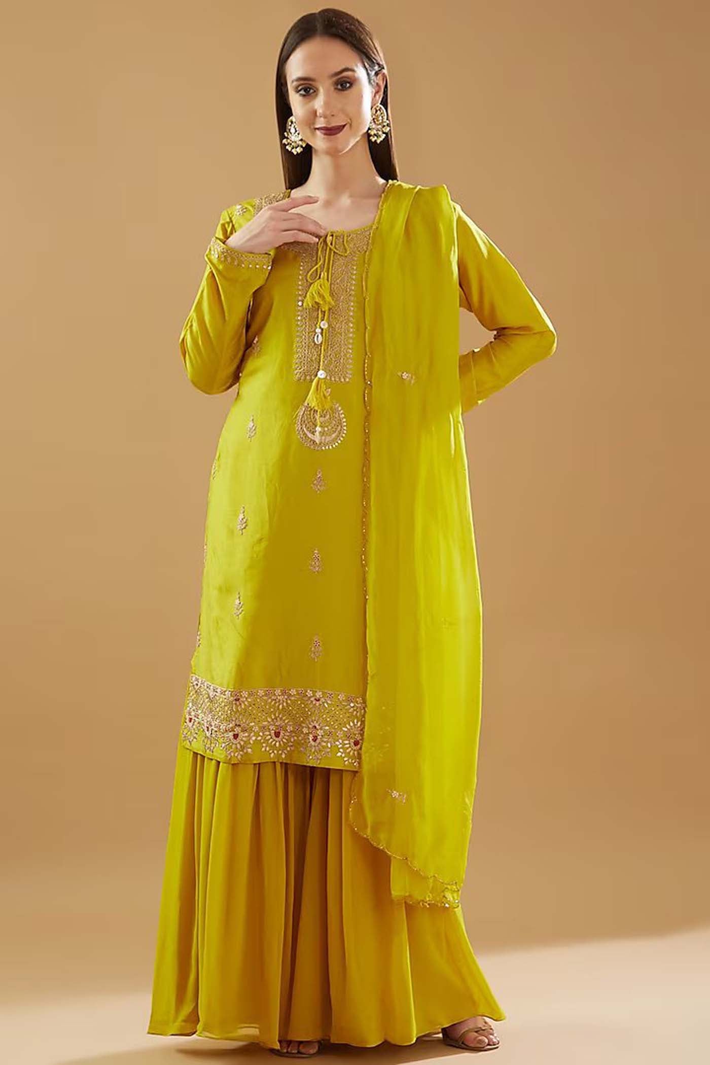Mustard Embroidered Shirt with Sharara and Dupatta