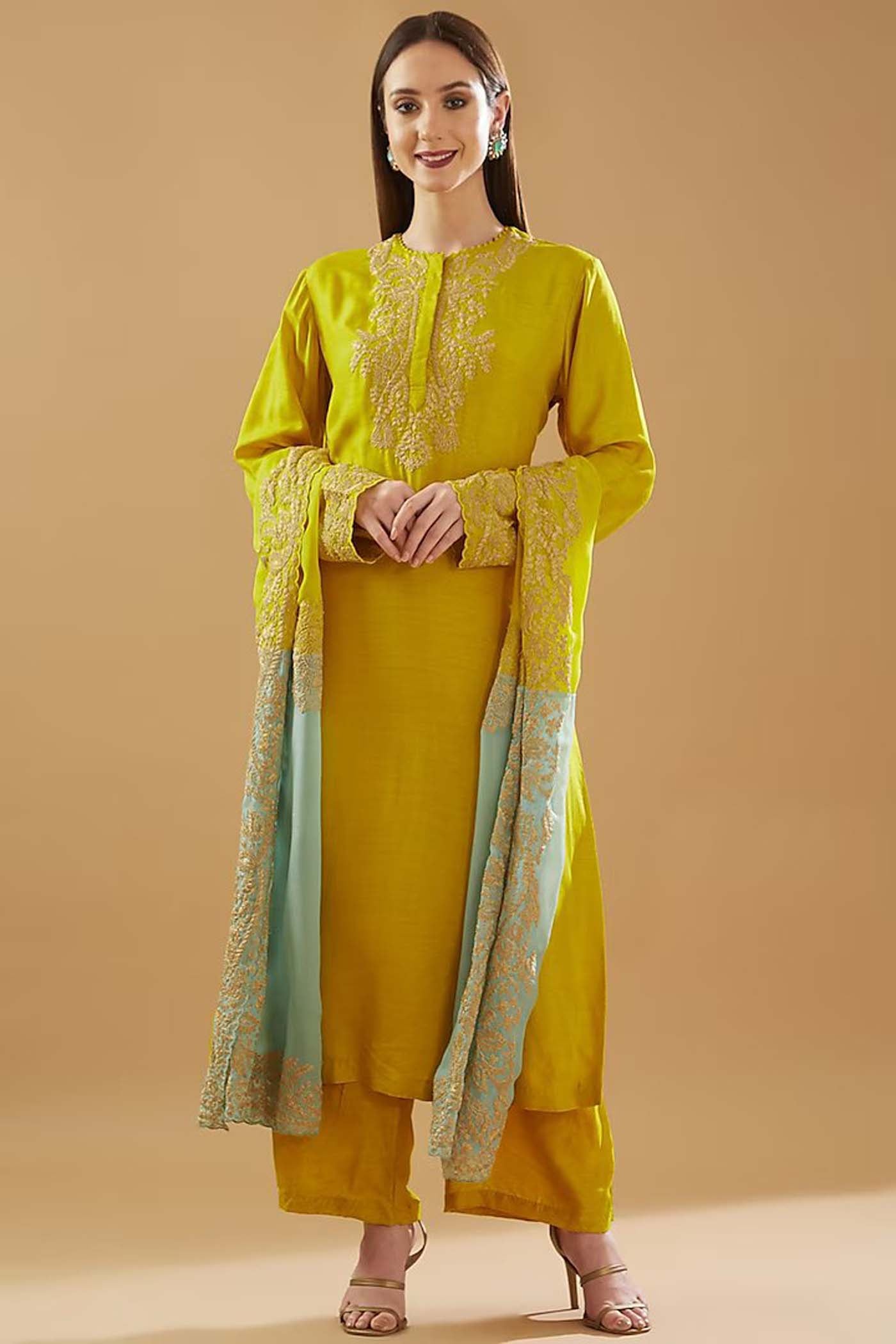 Mustard Zari Embroidered Shirt with Palazzo and Dupatta