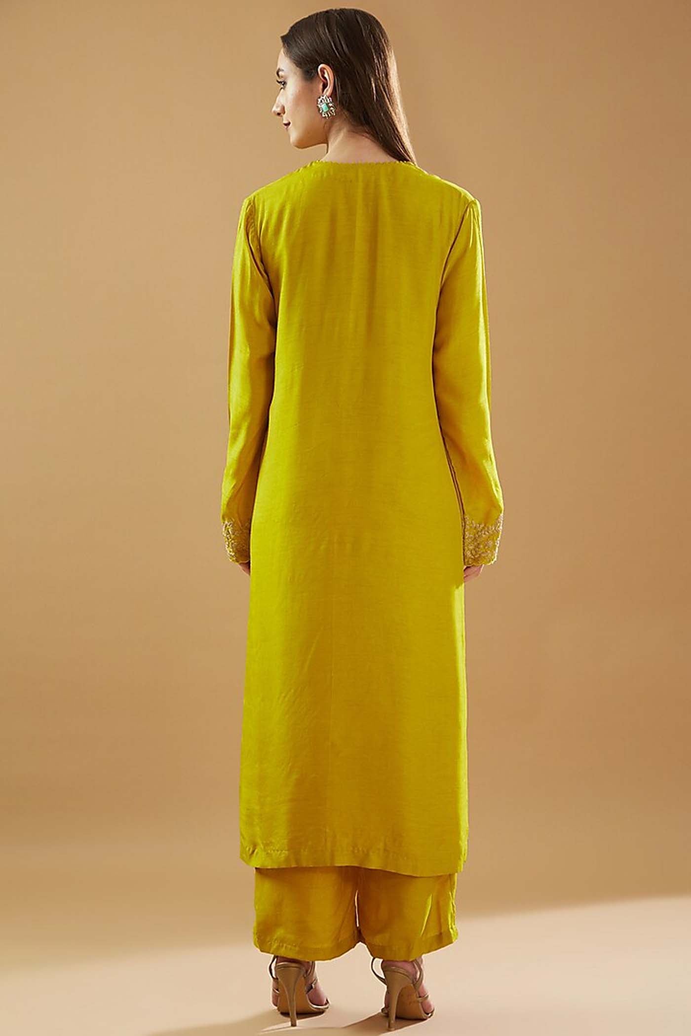 Mustard Zari Embroidered Shirt with Palazzo and Dupatta