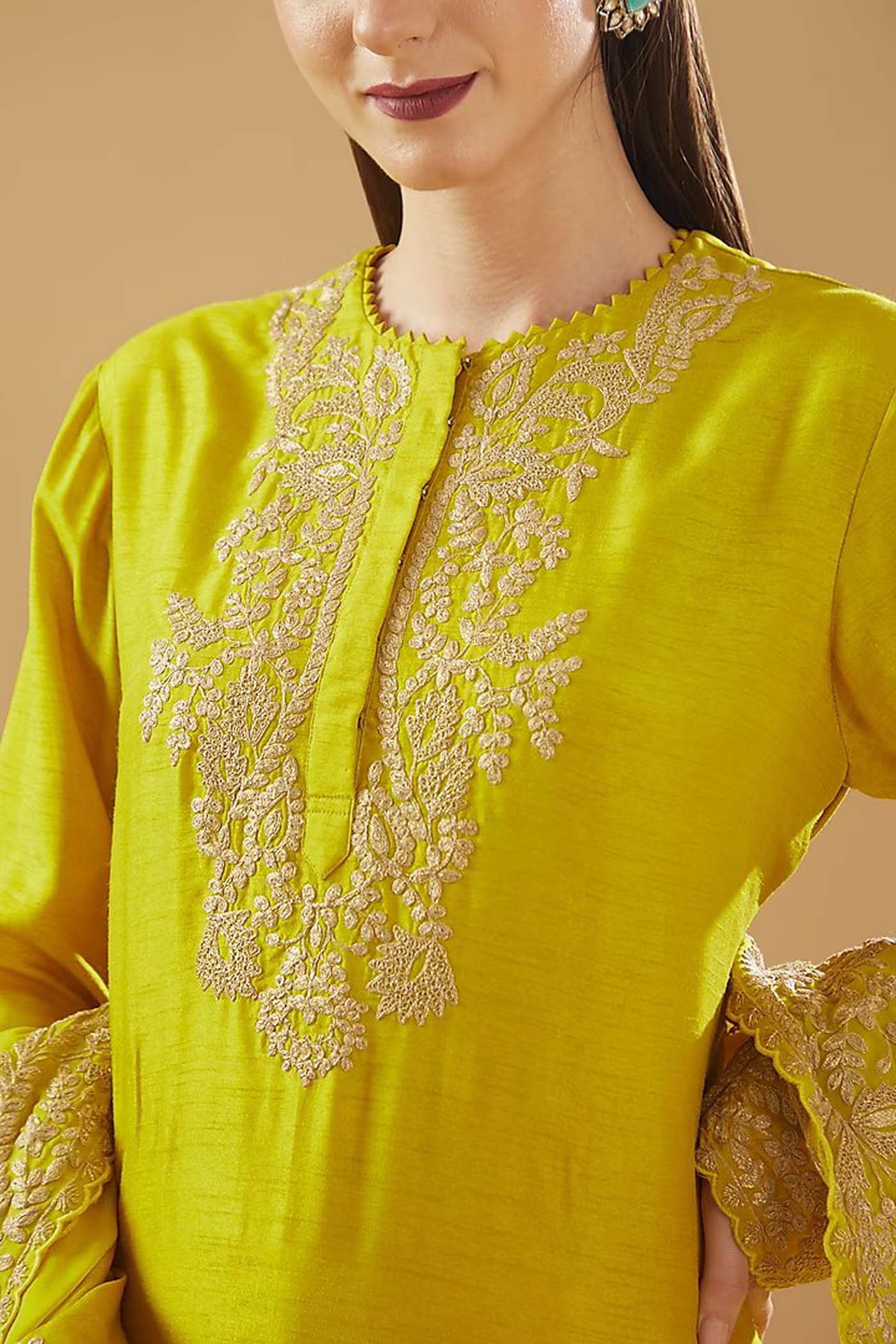 Mustard Zari Embroidered Shirt with Palazzo and Dupatta