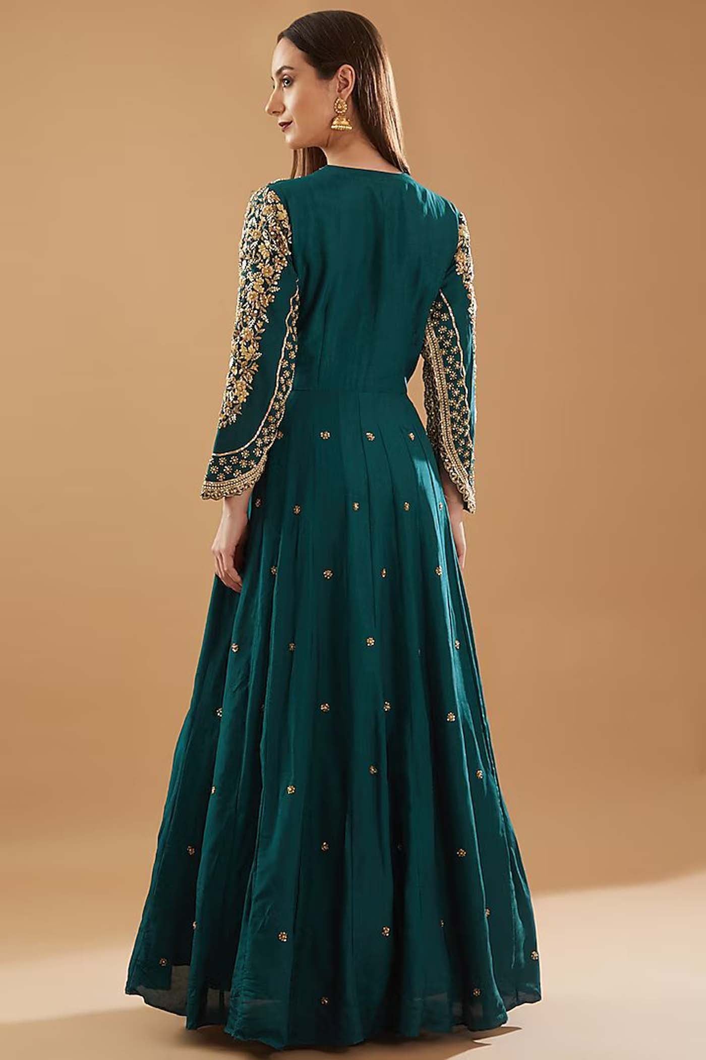 Rama Green Anarkali with heavily embroidered yoke and sleeves with a dupatta