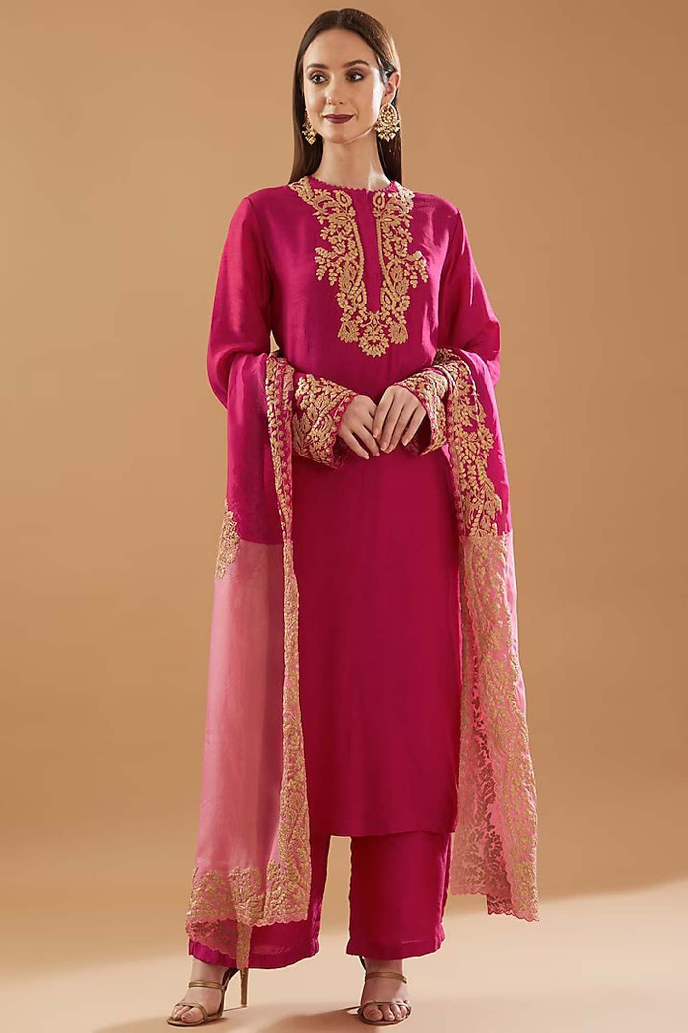 Red Zari Embroidered Shirt with Palazzo and Dupatta