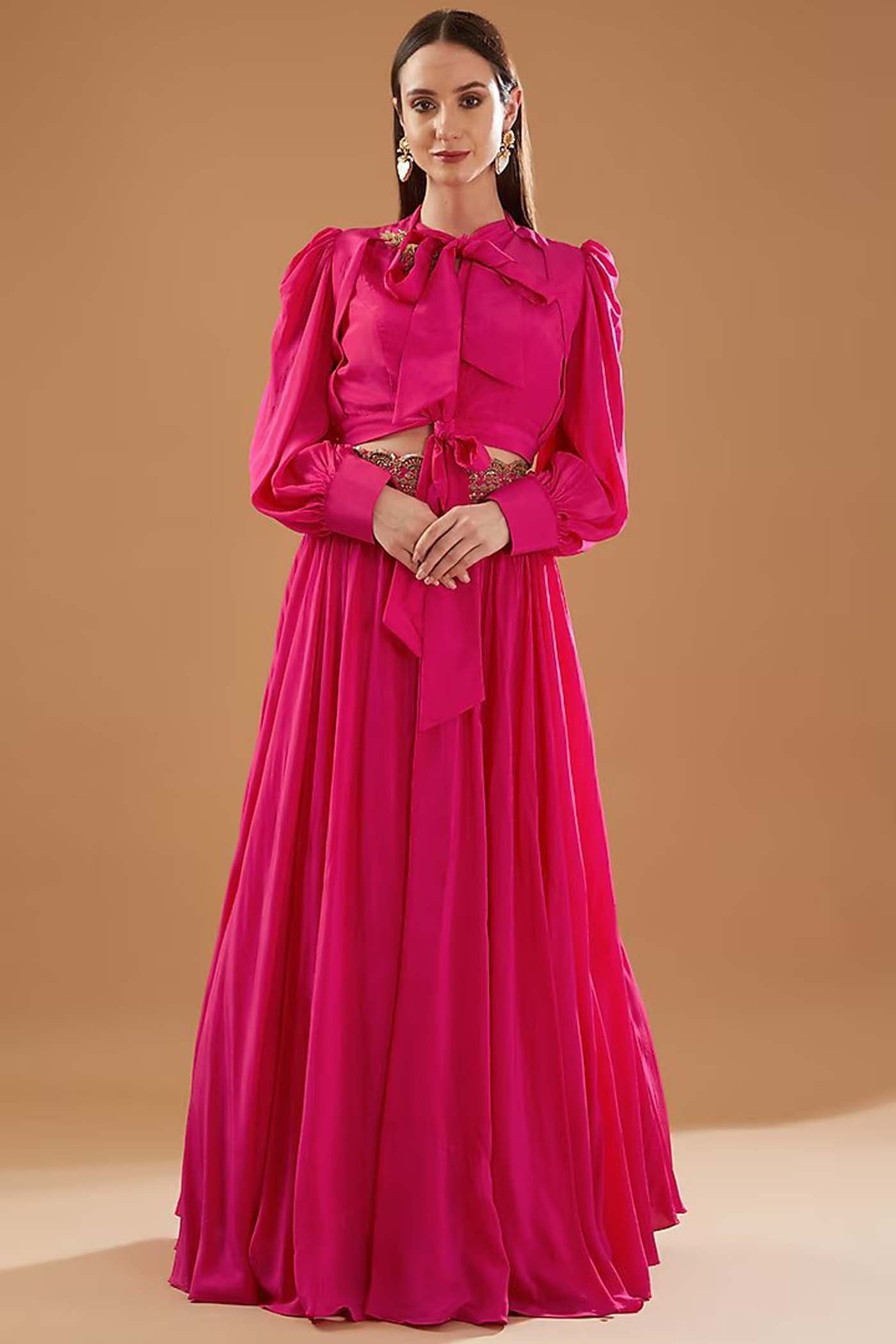 Fushia Crop-top with Skirt Set