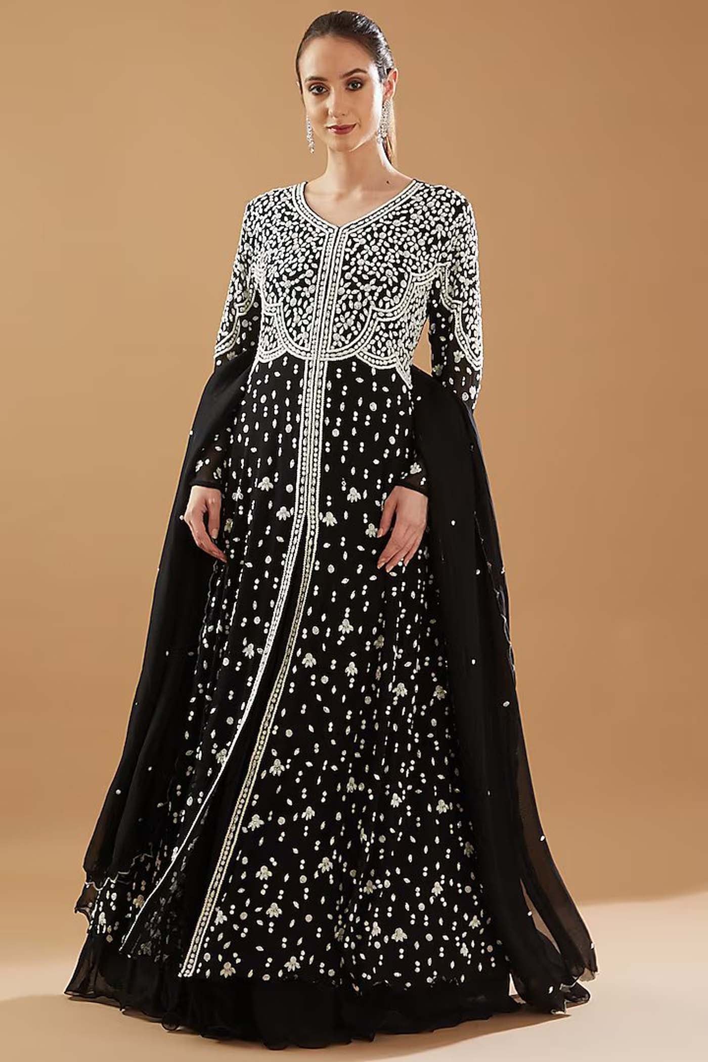Black Double Layered Atteched Gown with Dupatta