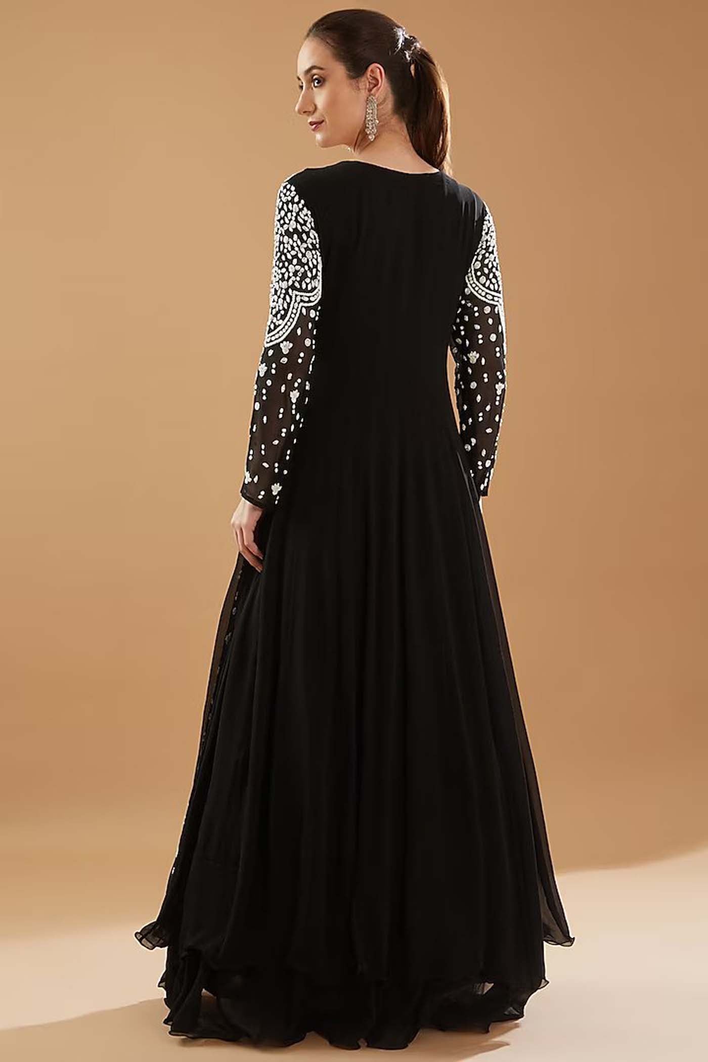 Black Double Layered Atteched Gown with Dupatta