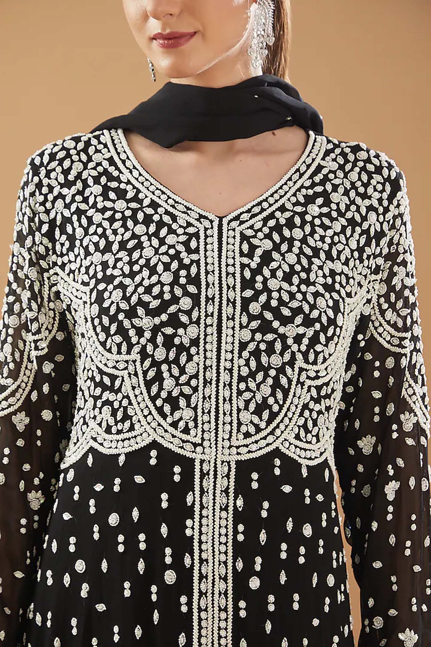 Black Double Layered Atteched Gown with Dupatta