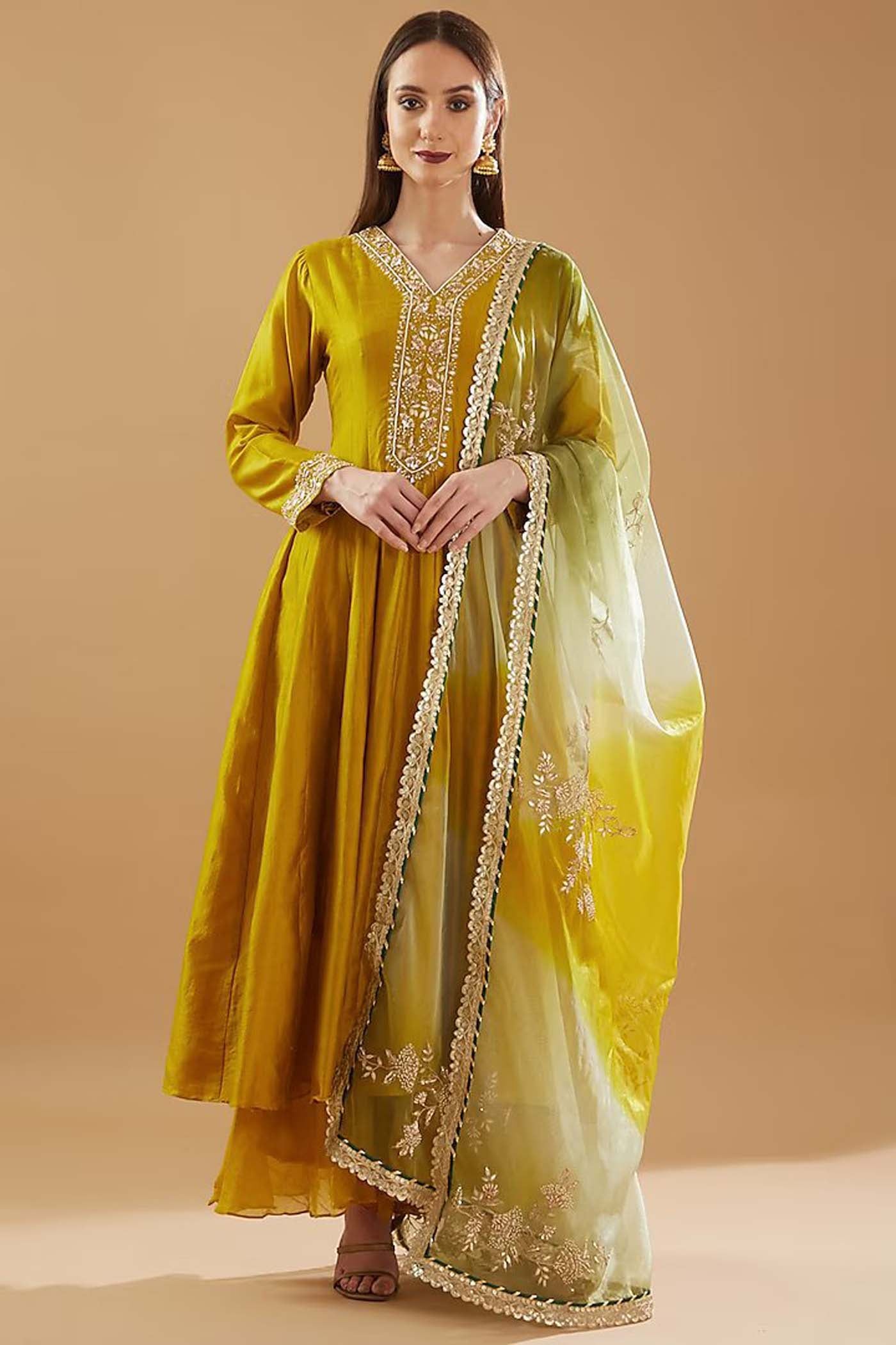 Mustard Yellow Anarkali with Palazzo and Shaded Floral Dupatta